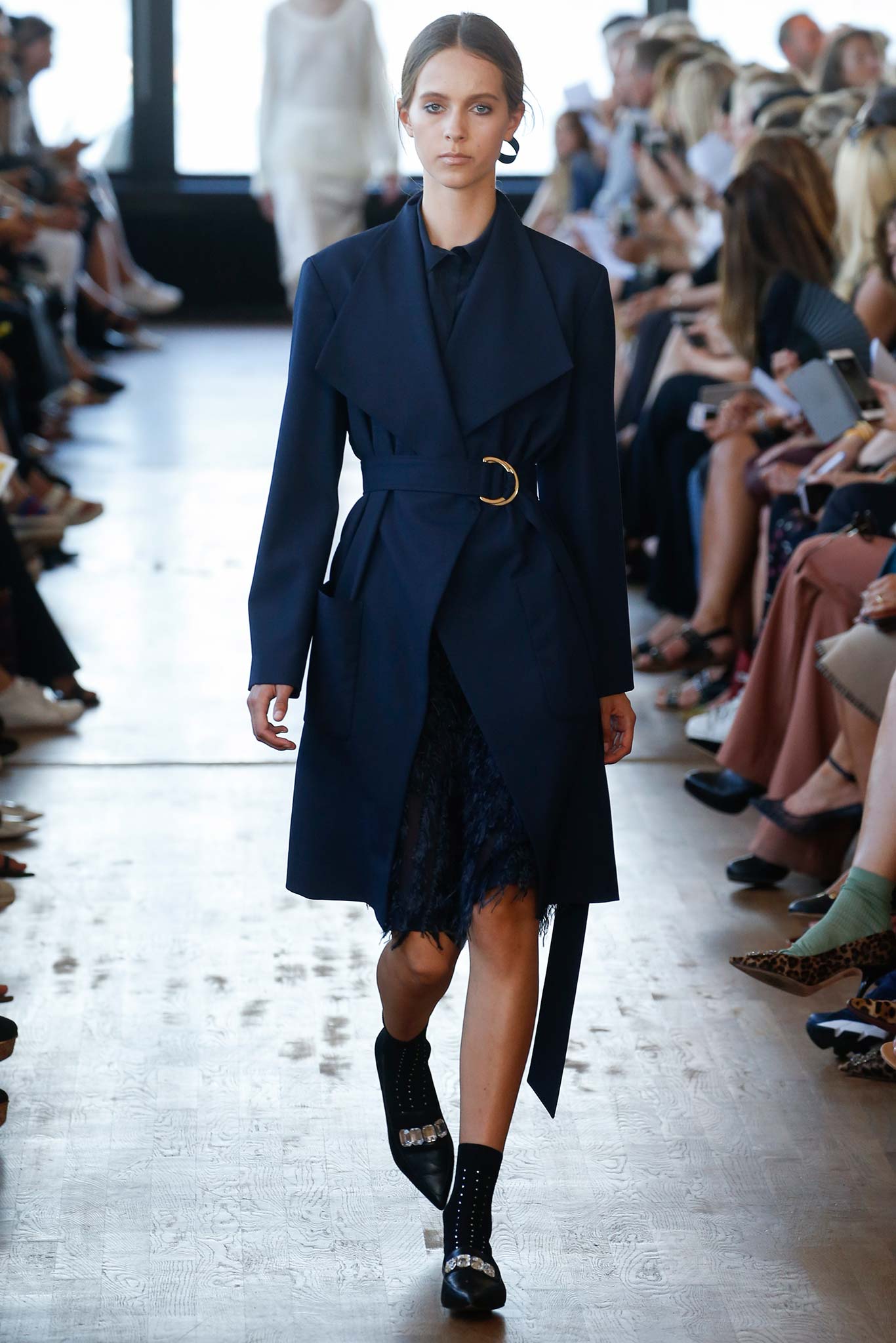 blue cotton long-sleeve collared tailored belted trench