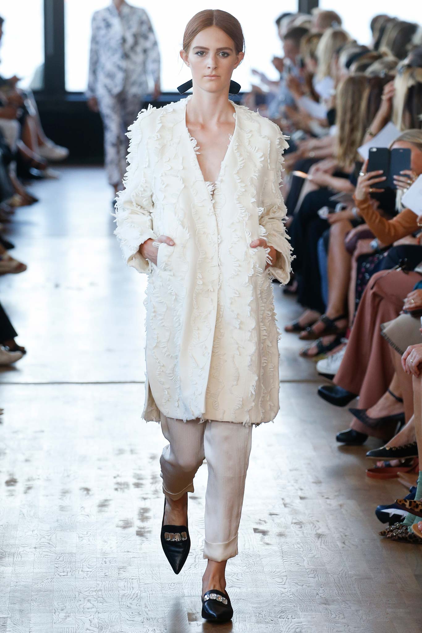 white silk long-sleeve v-neck relaxed ruffled coat