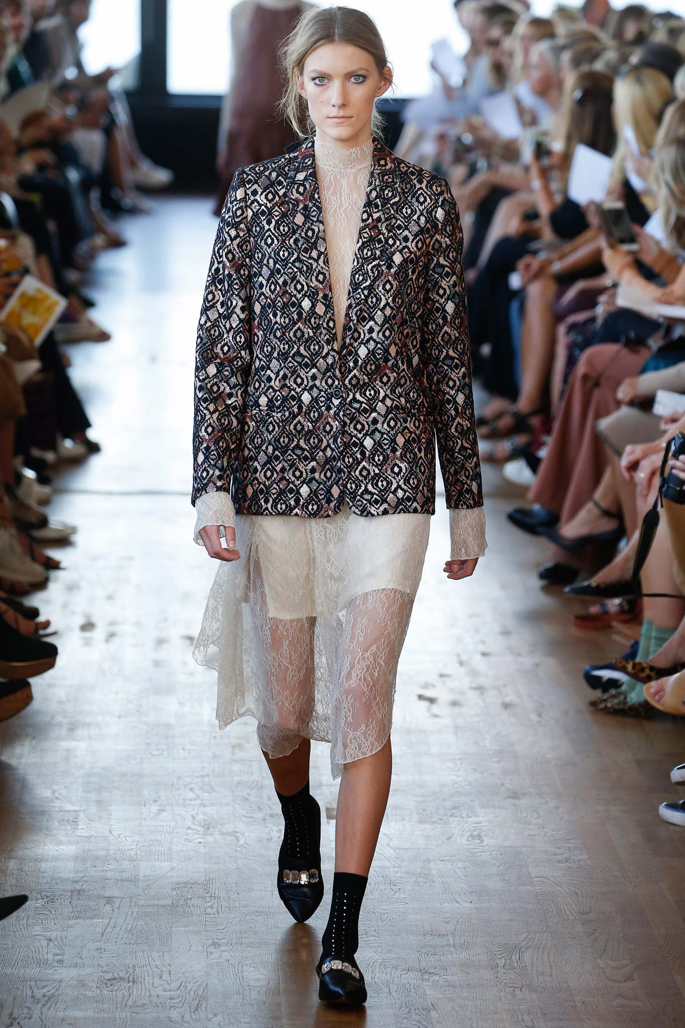 black and white printed blazer with lace dress