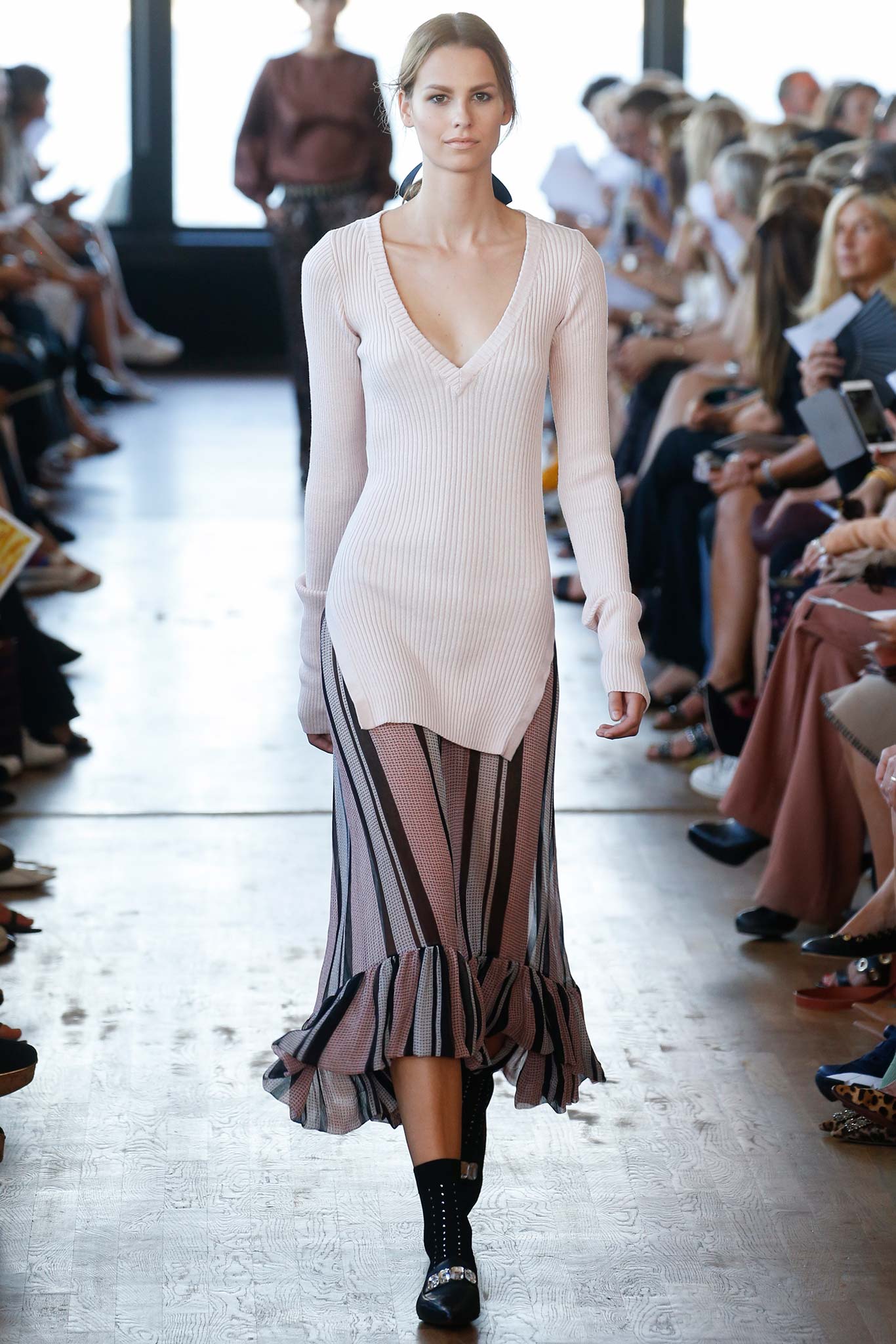 white ribbed top with multi-tiered skirt