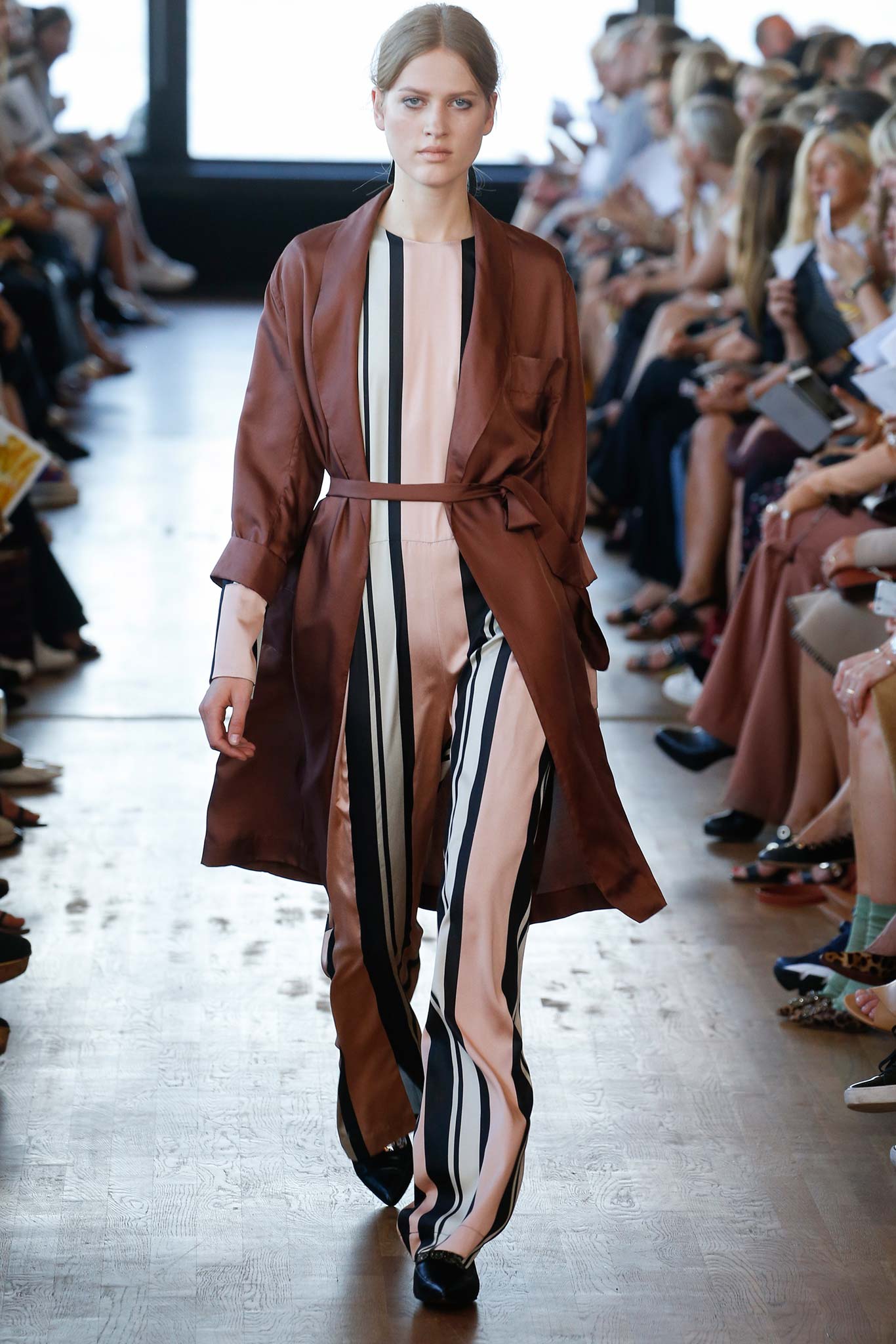 brown silk coat with striped jumpsuit