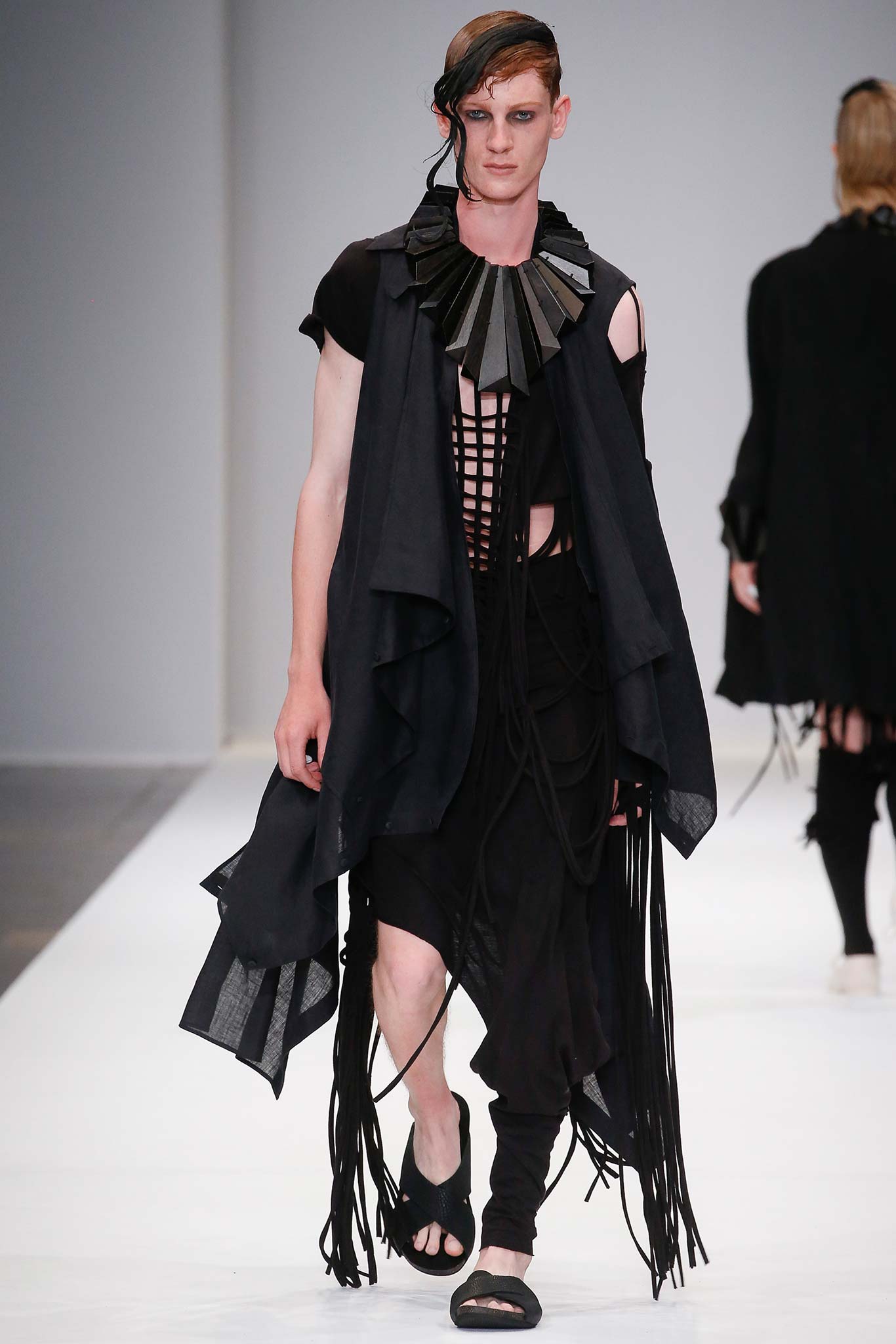 black cotton sleeveless relaxed draped fringed cape