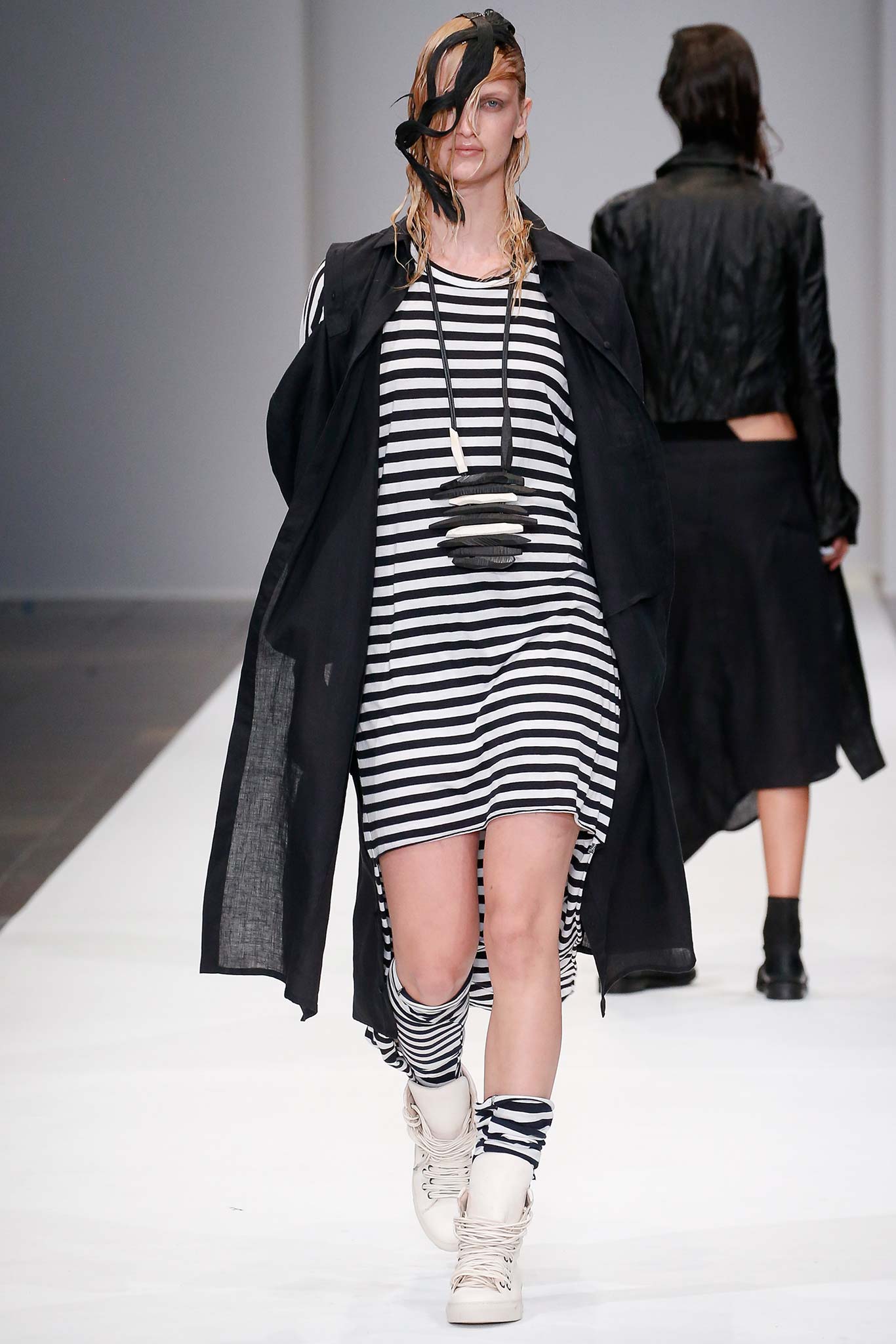 black cotton long-sleeve collared oversized draped coat