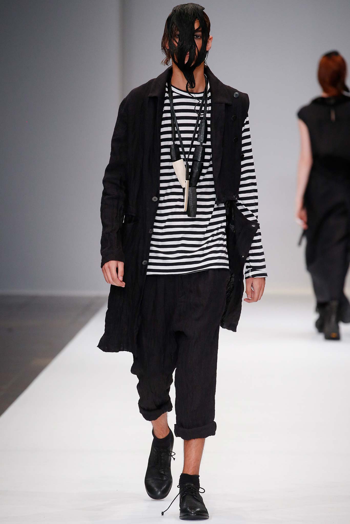 black relaxed coat with striped shirt
