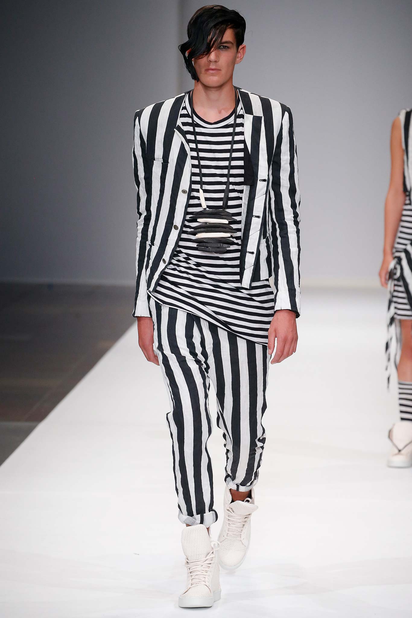 black and white striped suit