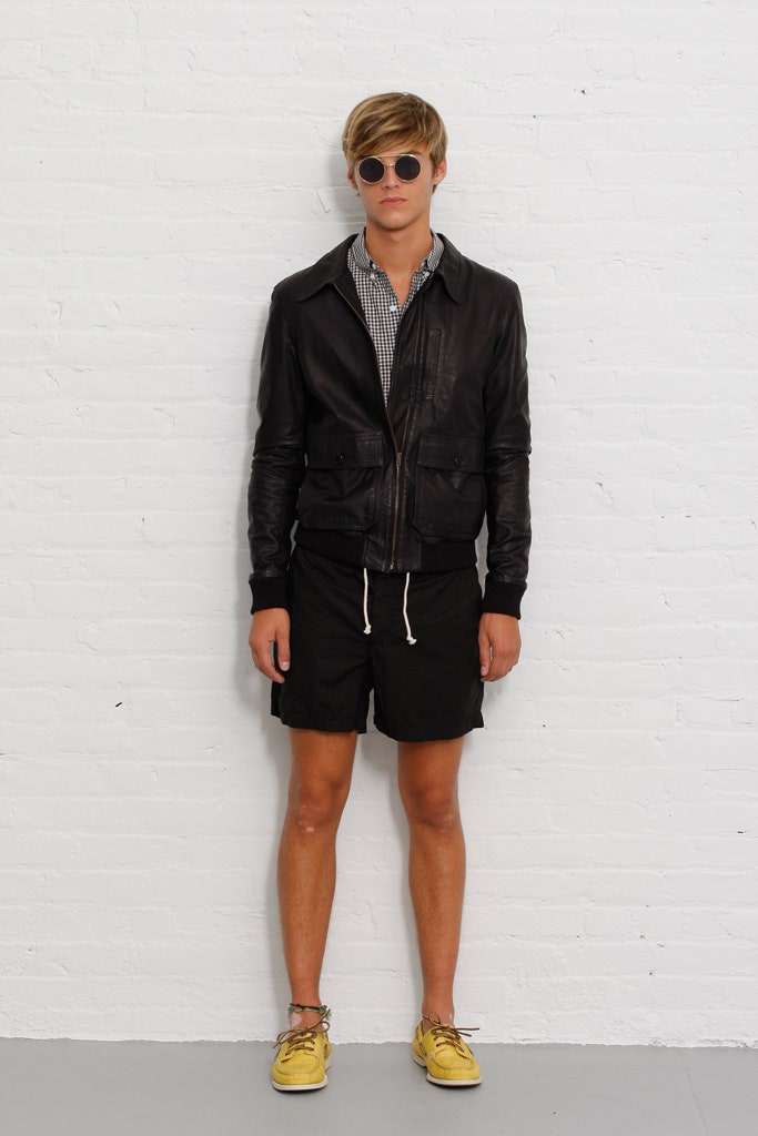 black leather jacket with shorts
