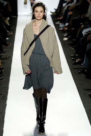 gray relaxed dress with beige cardigan