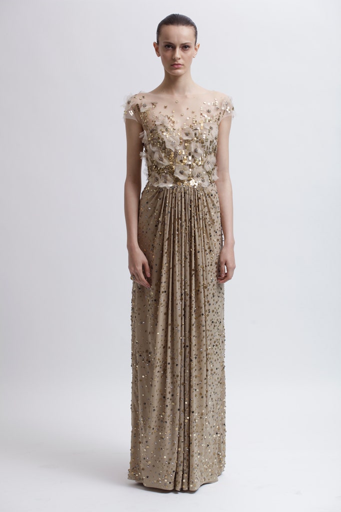 beige silk sleeveless gown