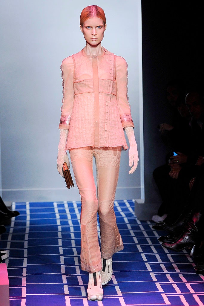 pink silk long-sleeve collared fitted pleated sheer top