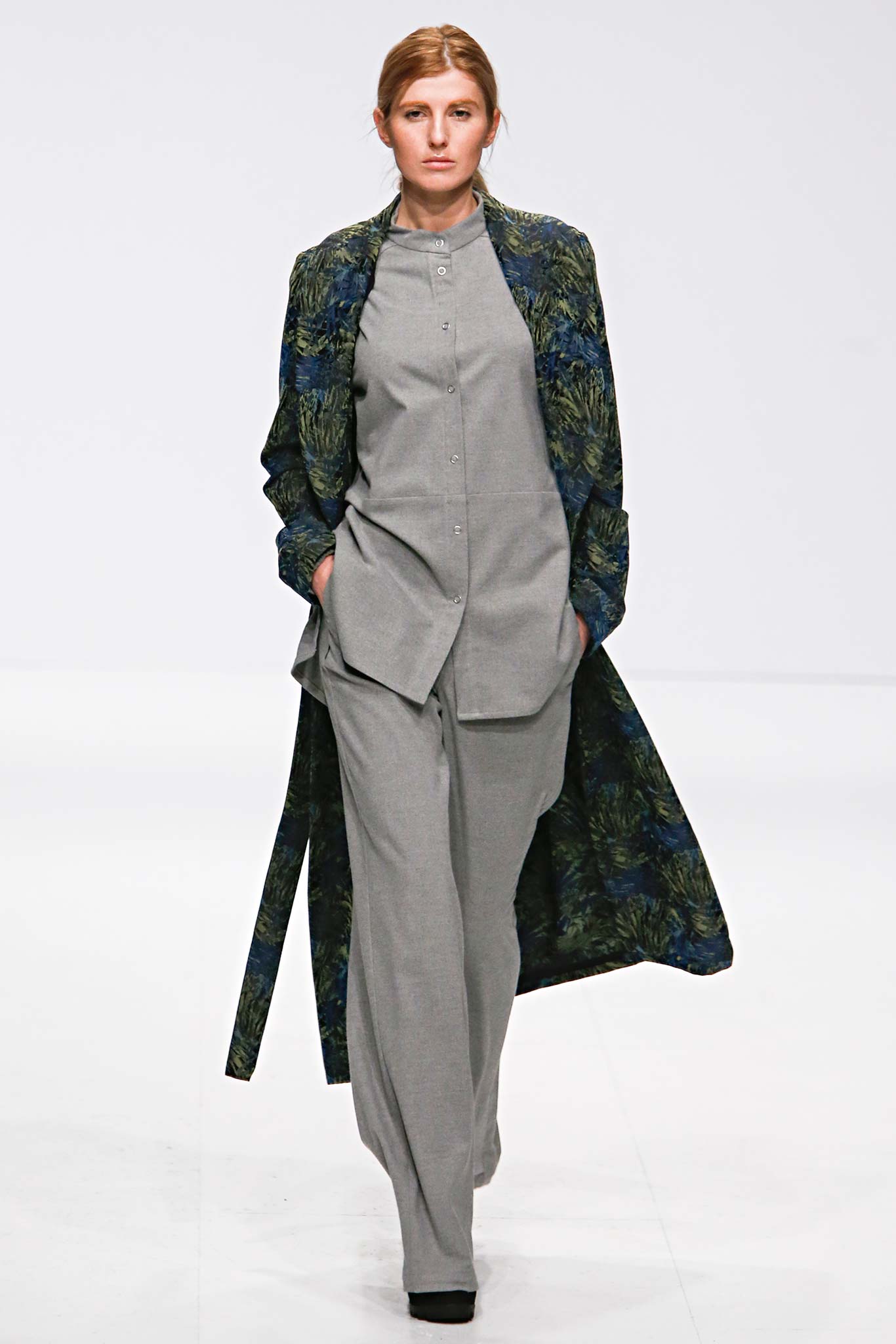printed coat with tailored pants