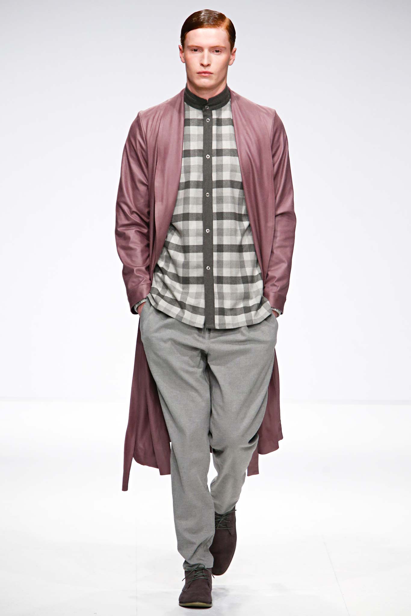 purple coat with checked shirt