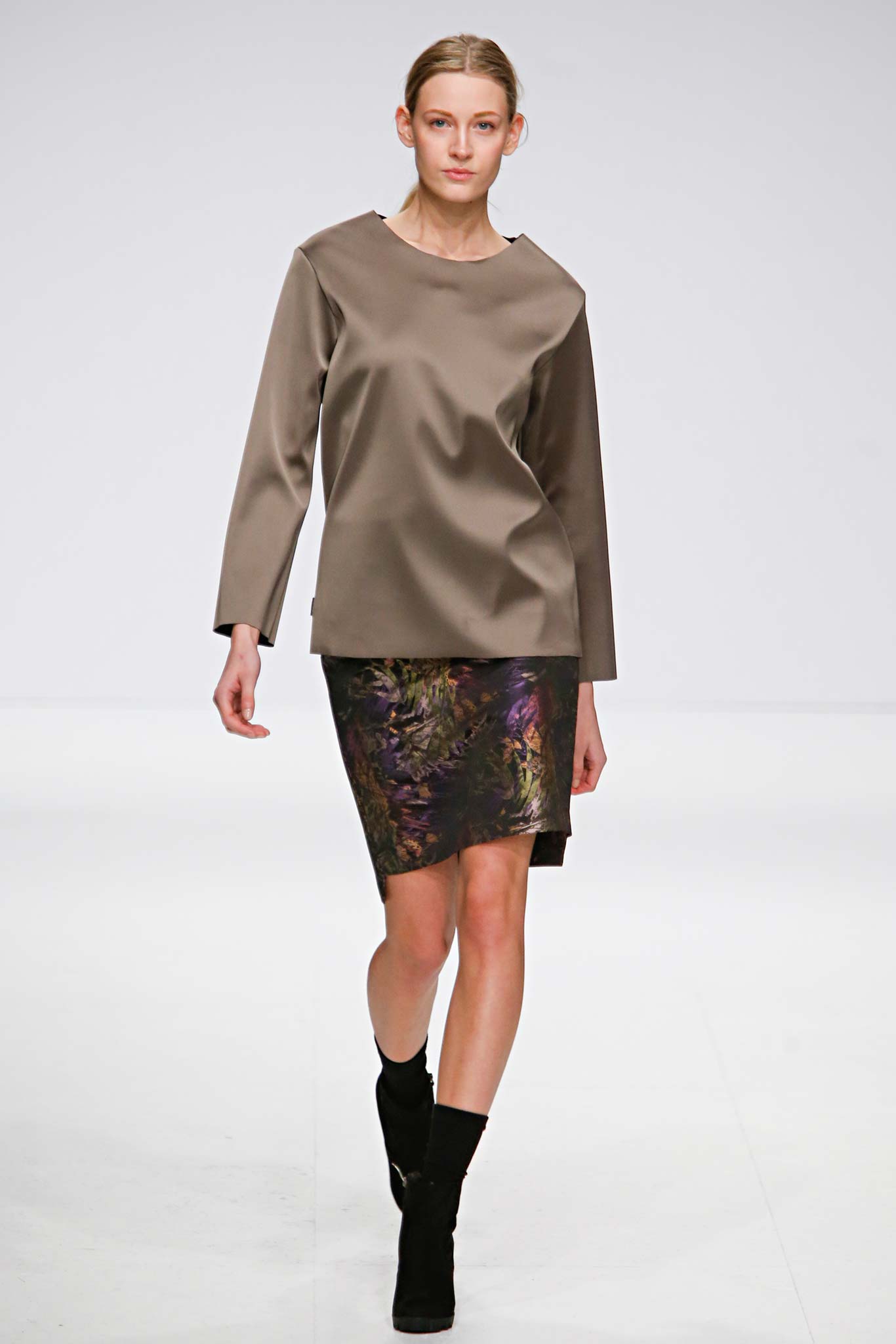 brown silk relaxed top with asymmetric skirt