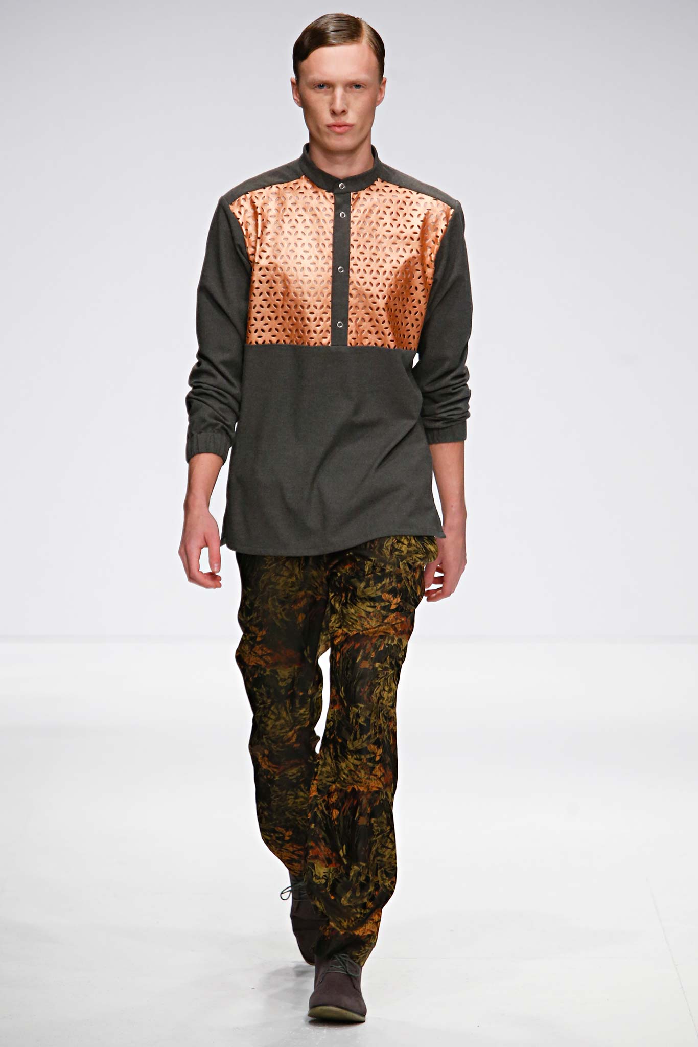 gray and orange printed shirt with flared pants