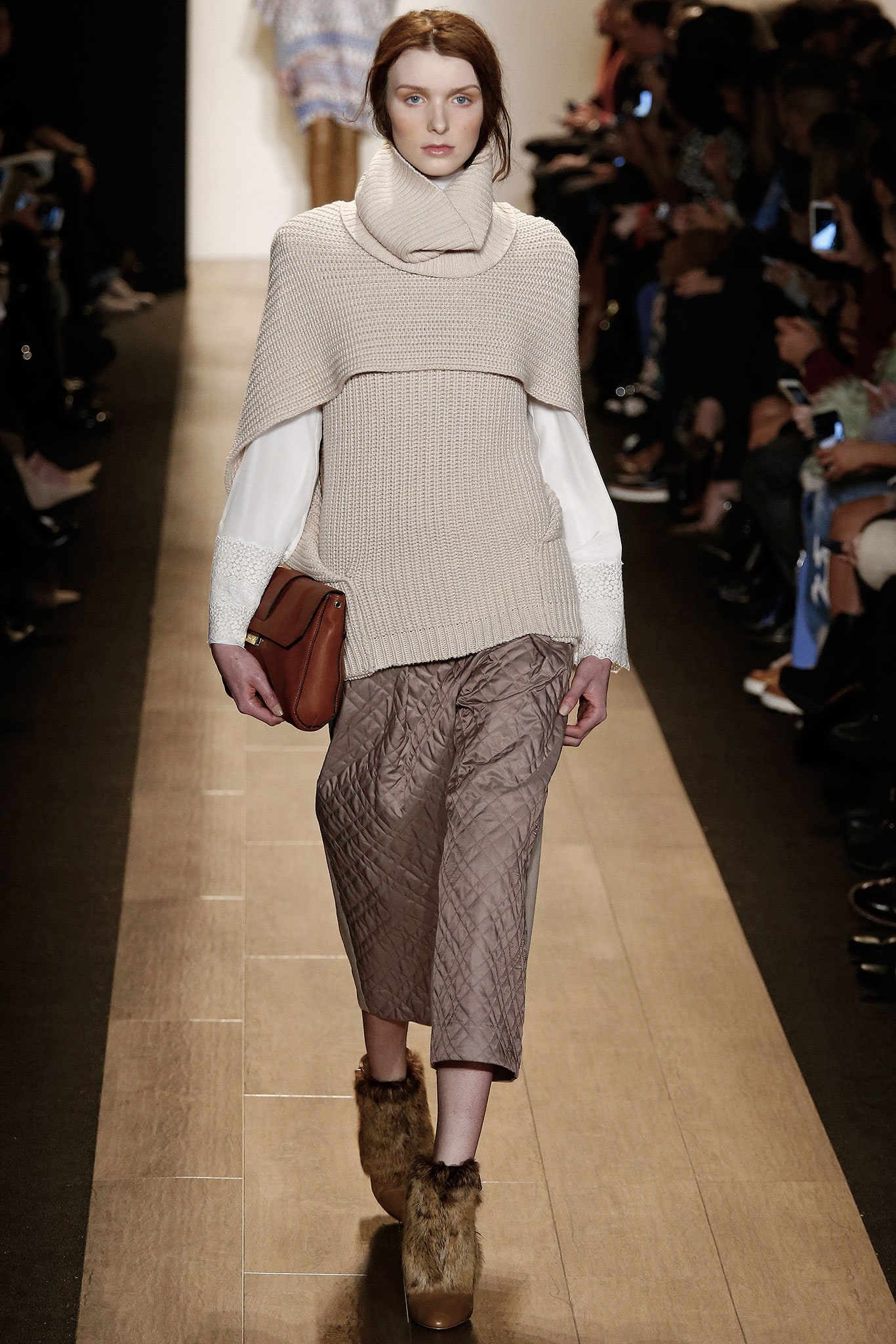 beige relaxed sweater with quilted pants