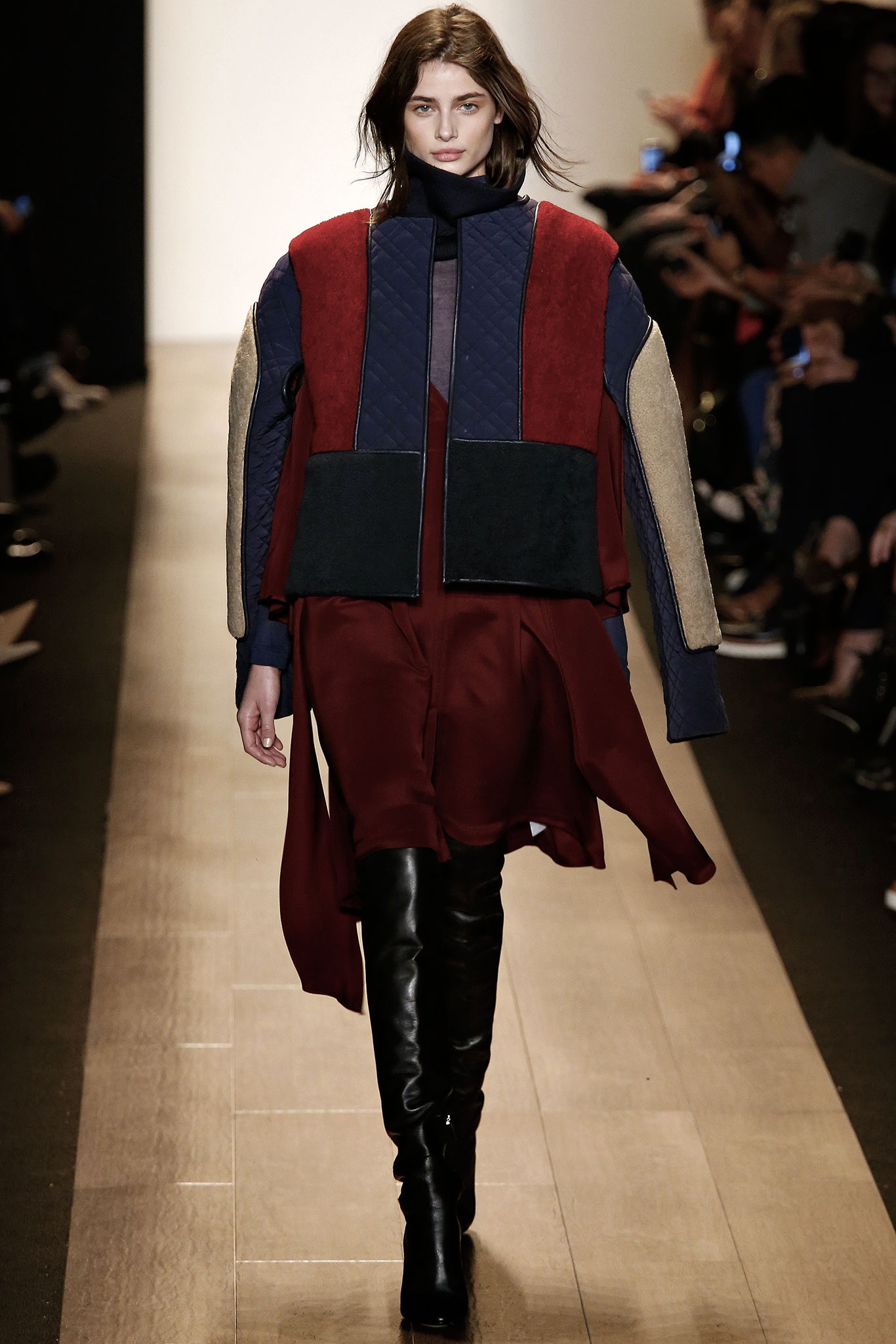 red and blue layered dress with oversized jacket