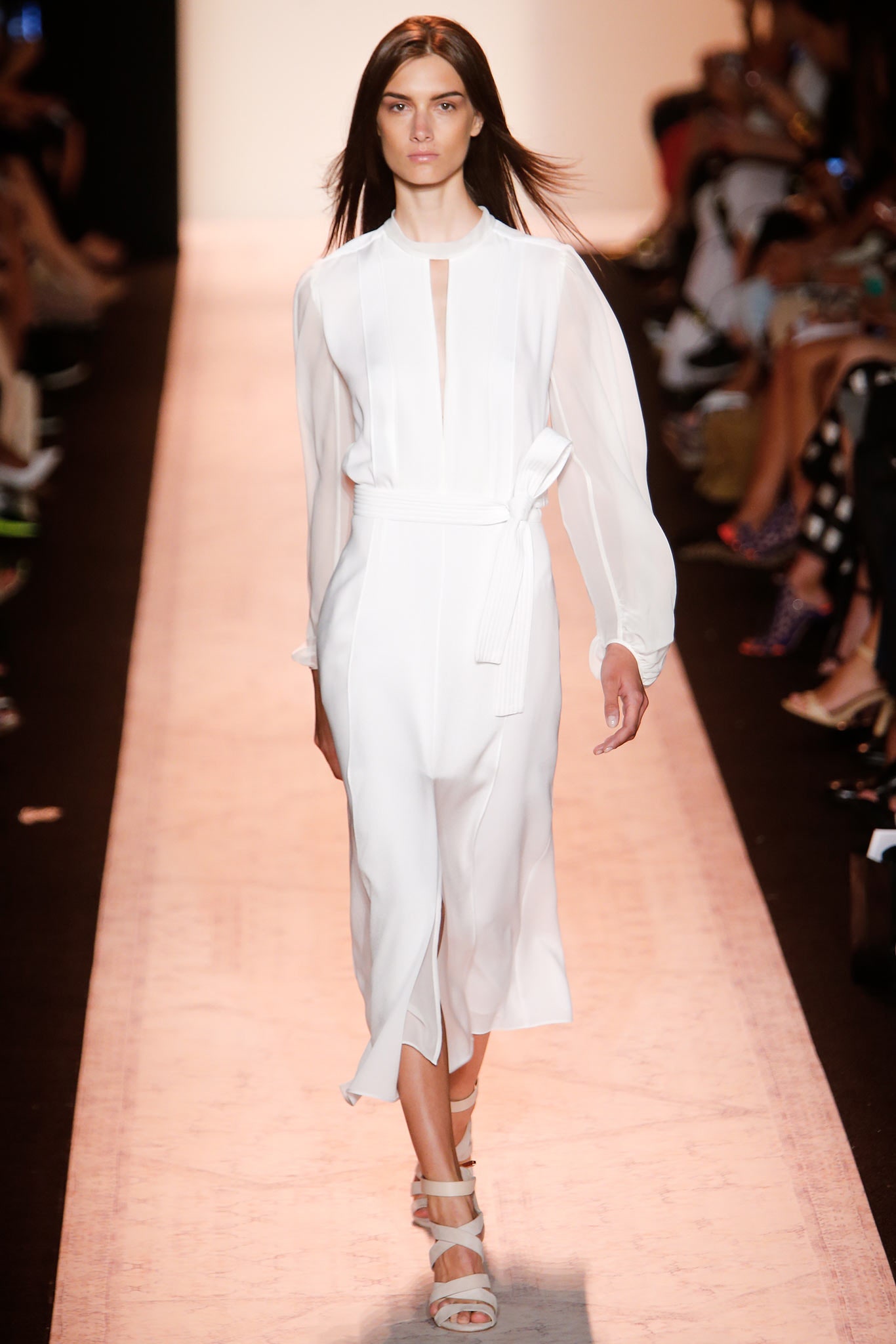 white silk long-sleeve dress