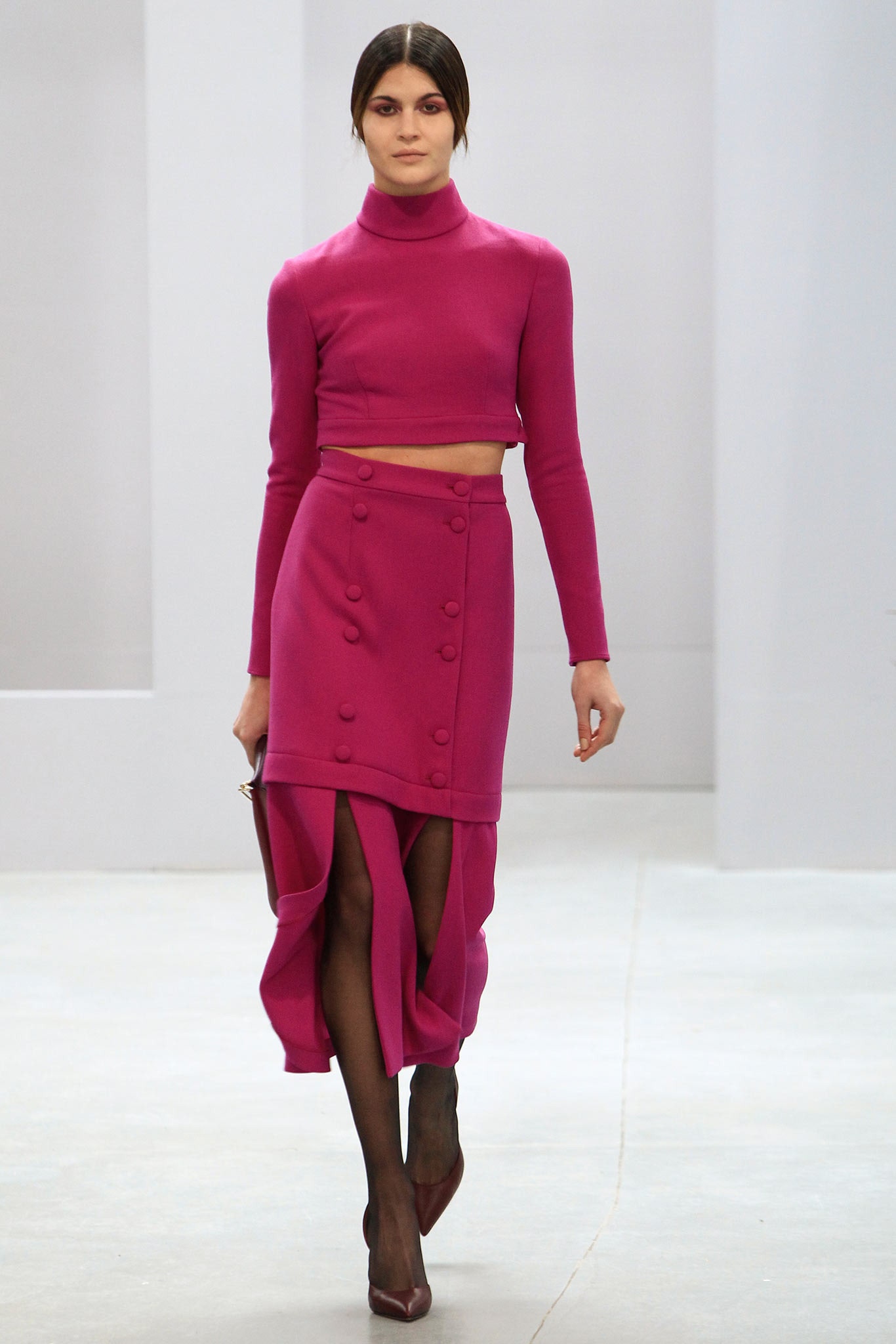 pink fitted crop-top and skirt