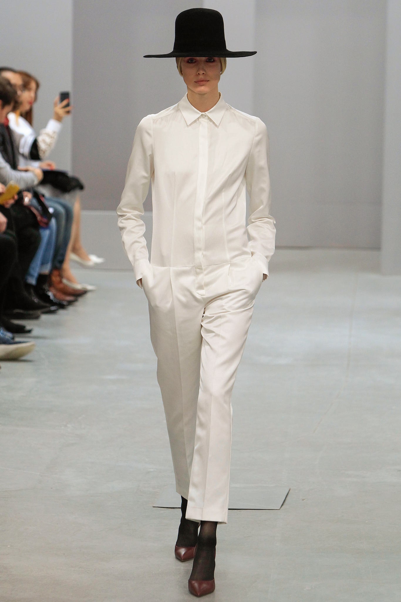 white fitted silk suit