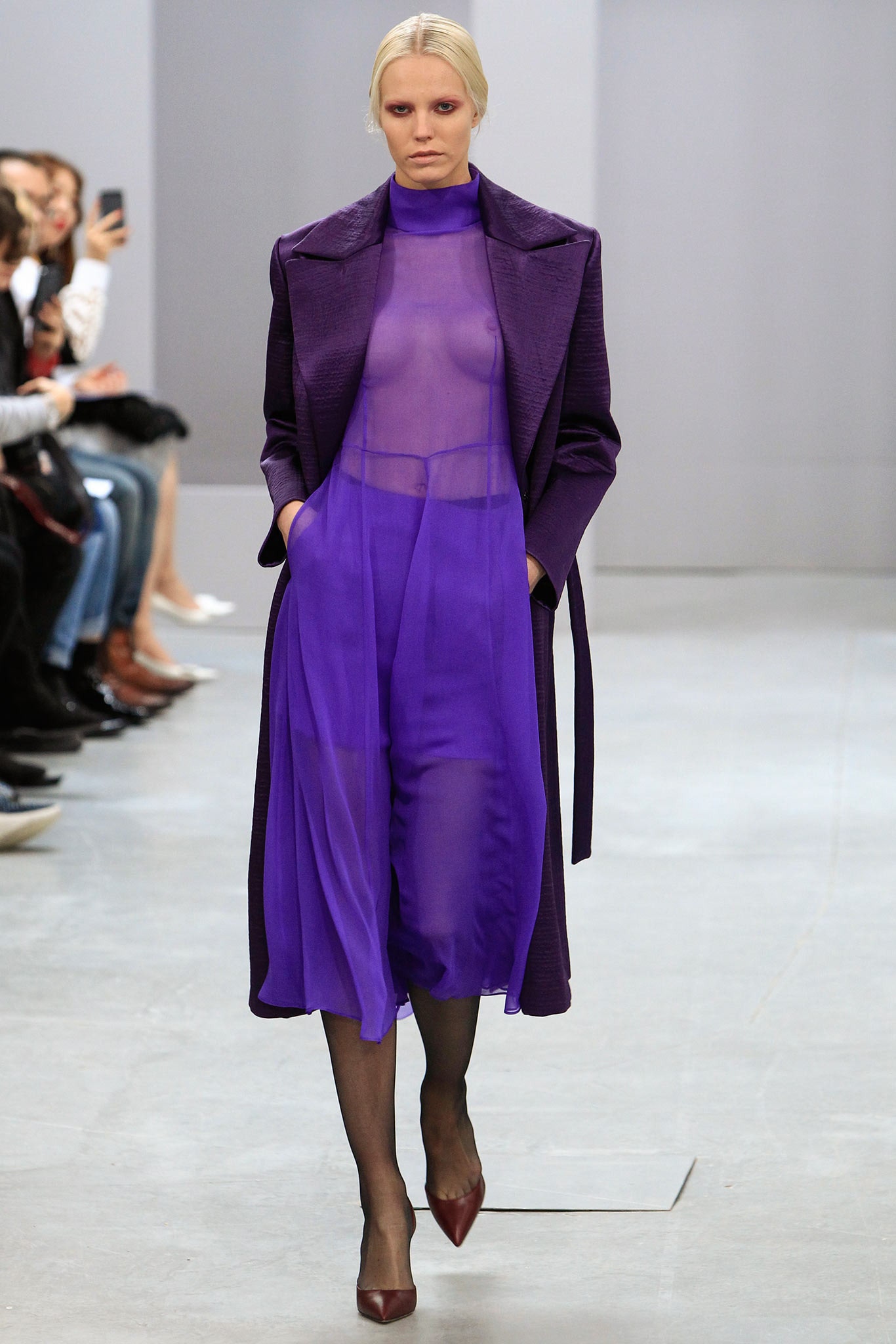 purple silk coat and chiffon dress