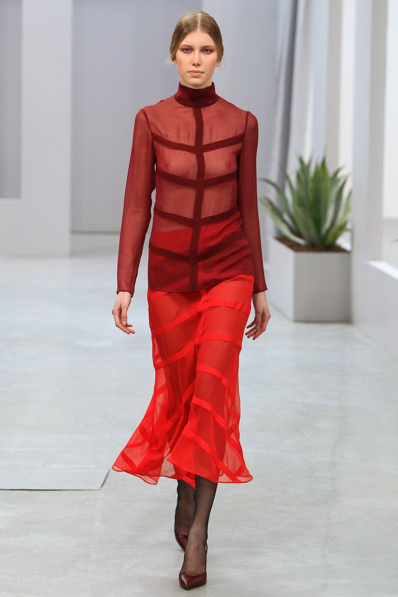 red sheer long-sleeve dress