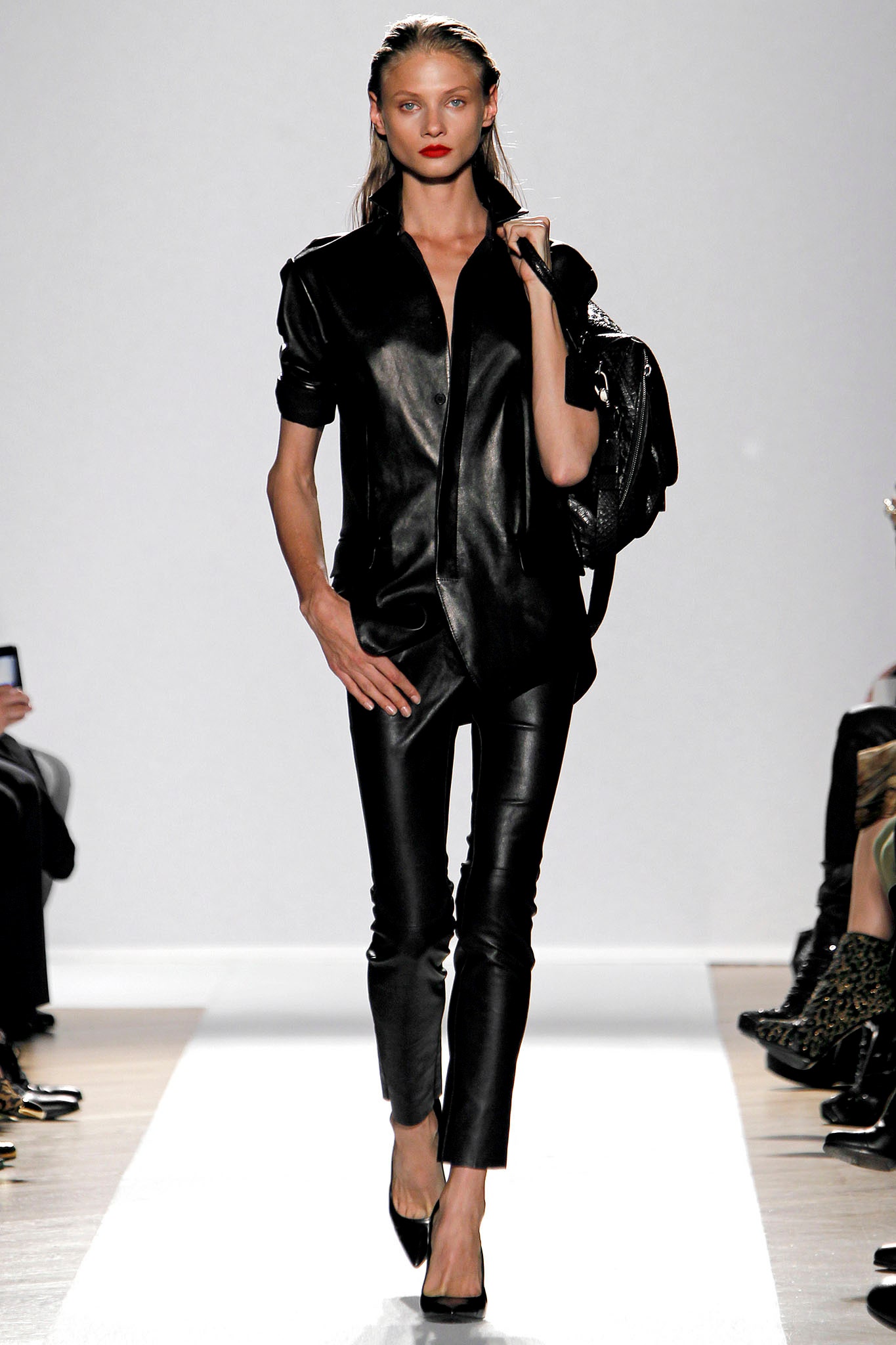 black leather fitted shirt and pants