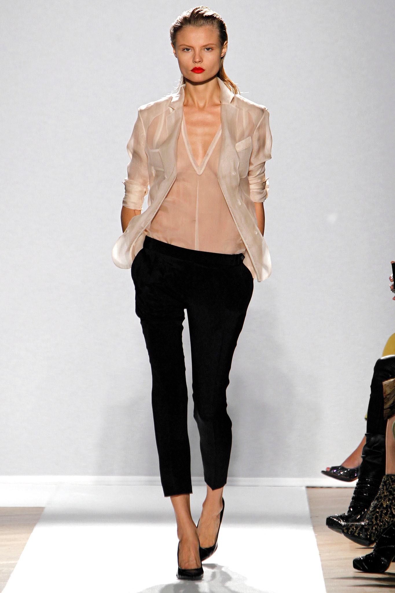 beige silk sleeveless v-neck fitted sheer flowing blouse