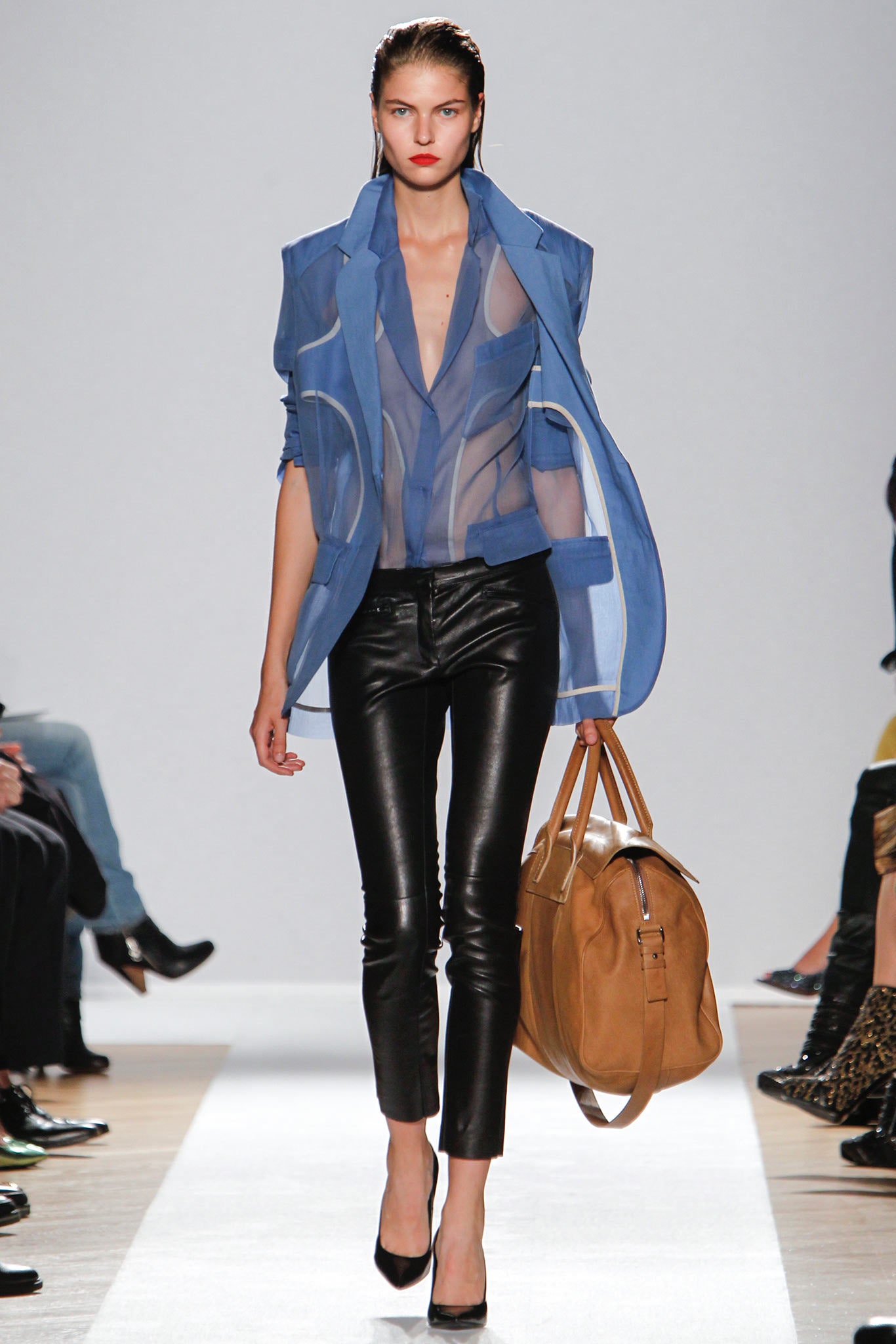 blue silk jacket and black leather pants