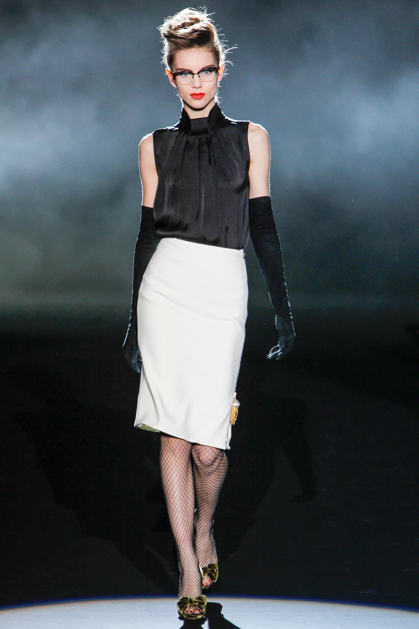 black silk blouse and white pencil skirt