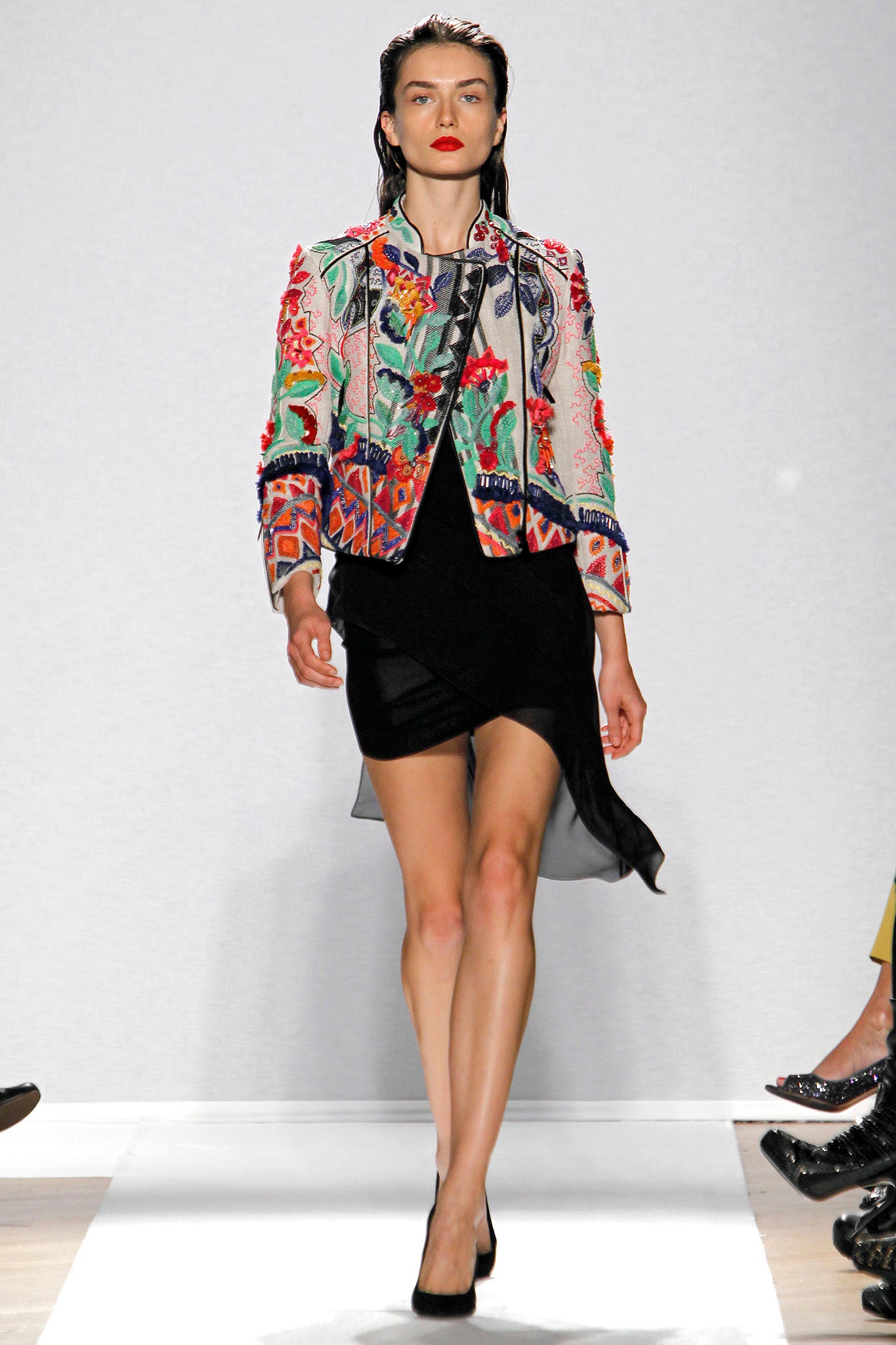 multi silk long-sleeve collared fitted embroidered jacket