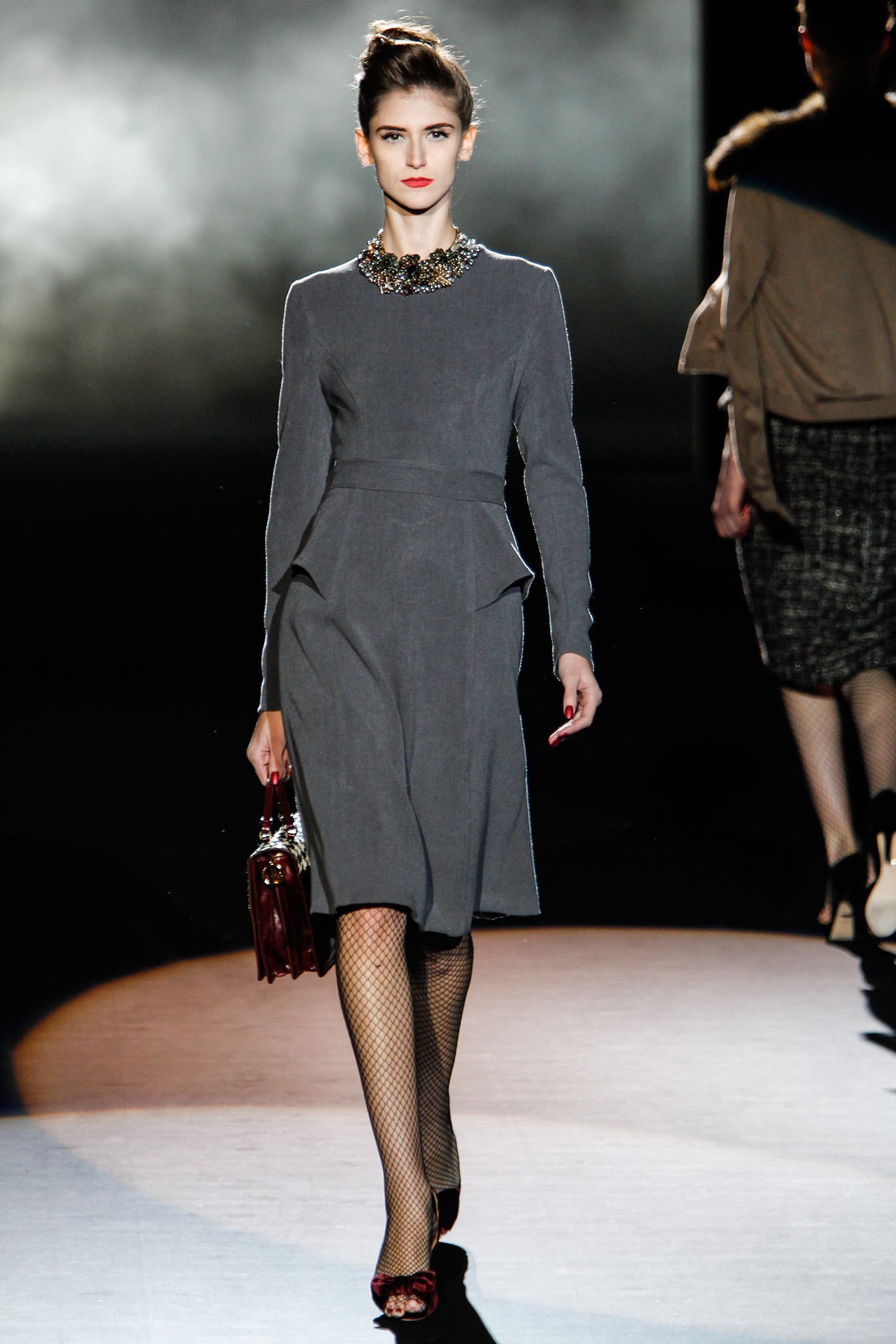 fitted gray wool midi dress