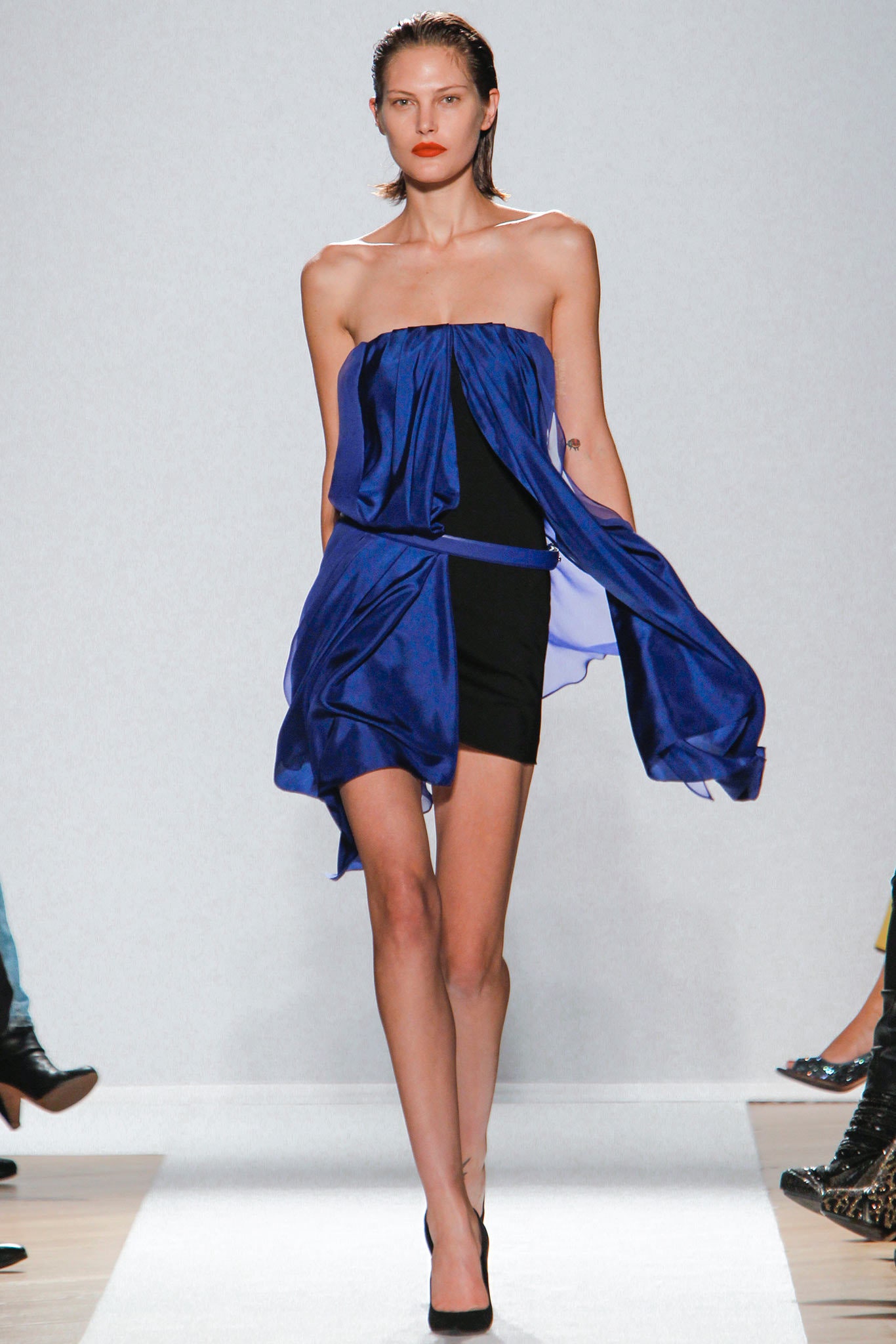 blue silk strapless mini dress