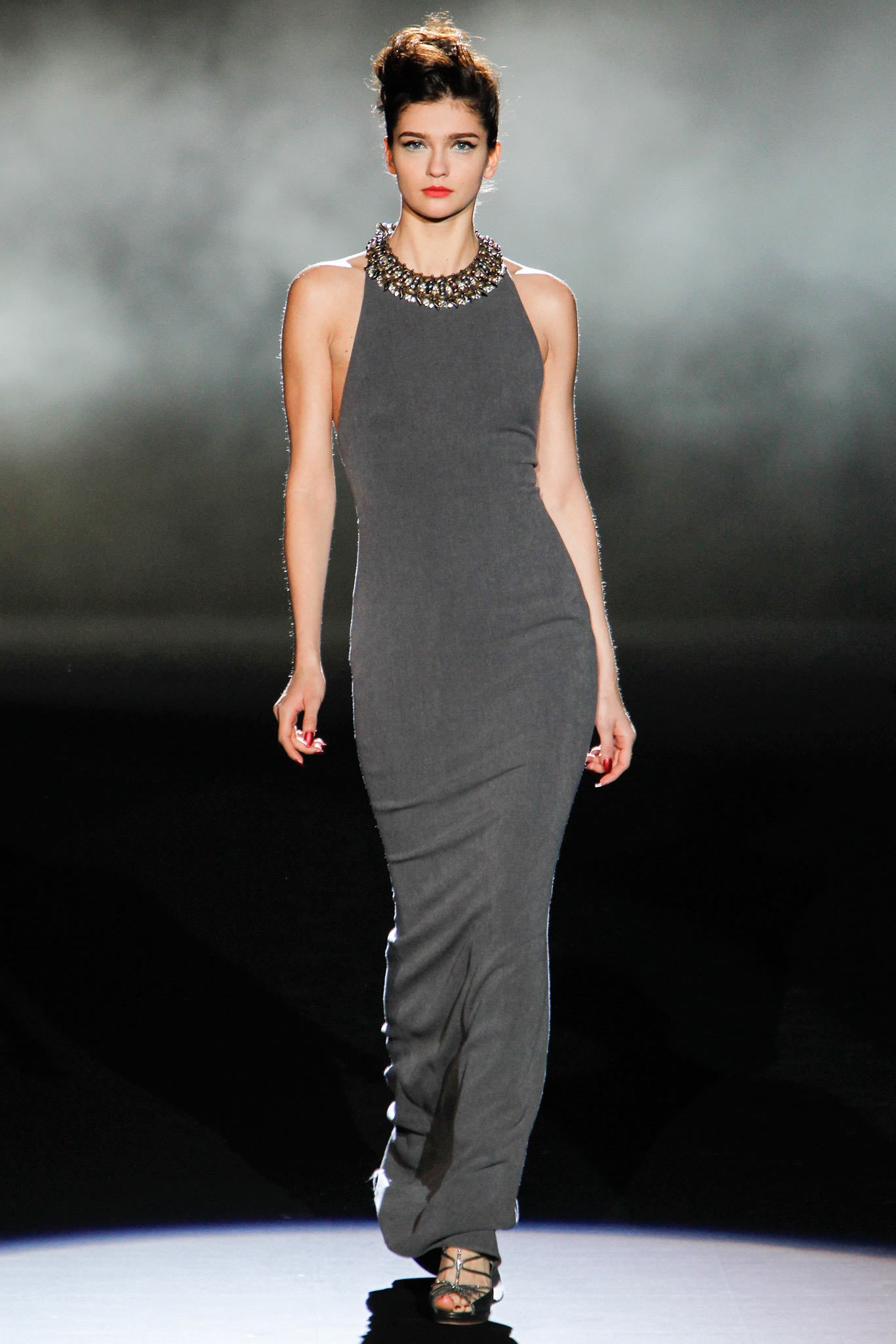 fitted gray sleeveless gown