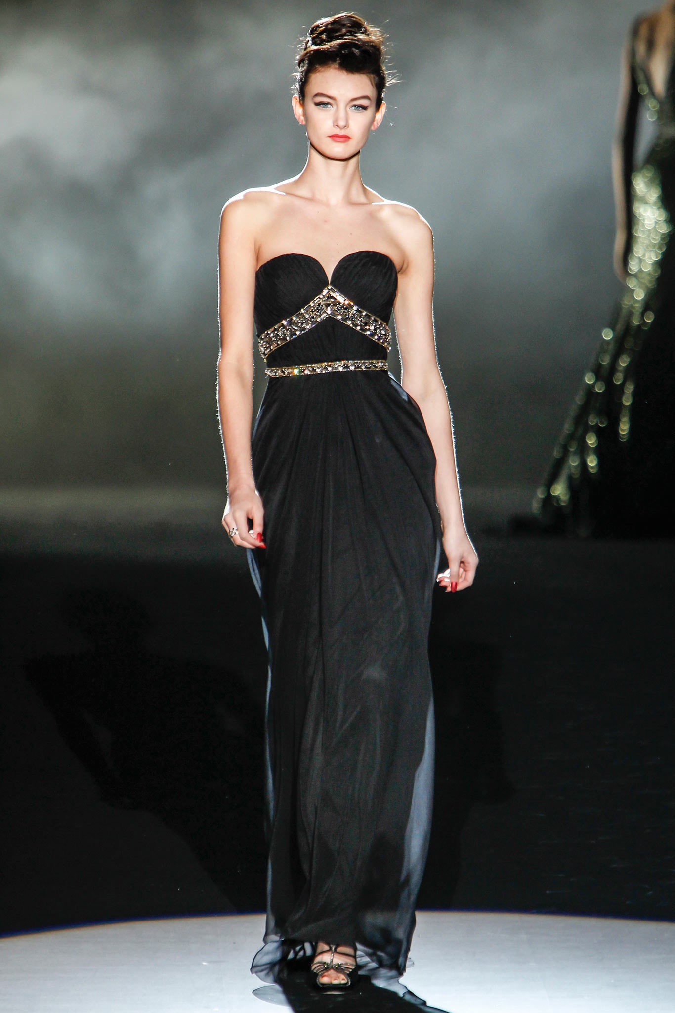 black strapless beaded gown