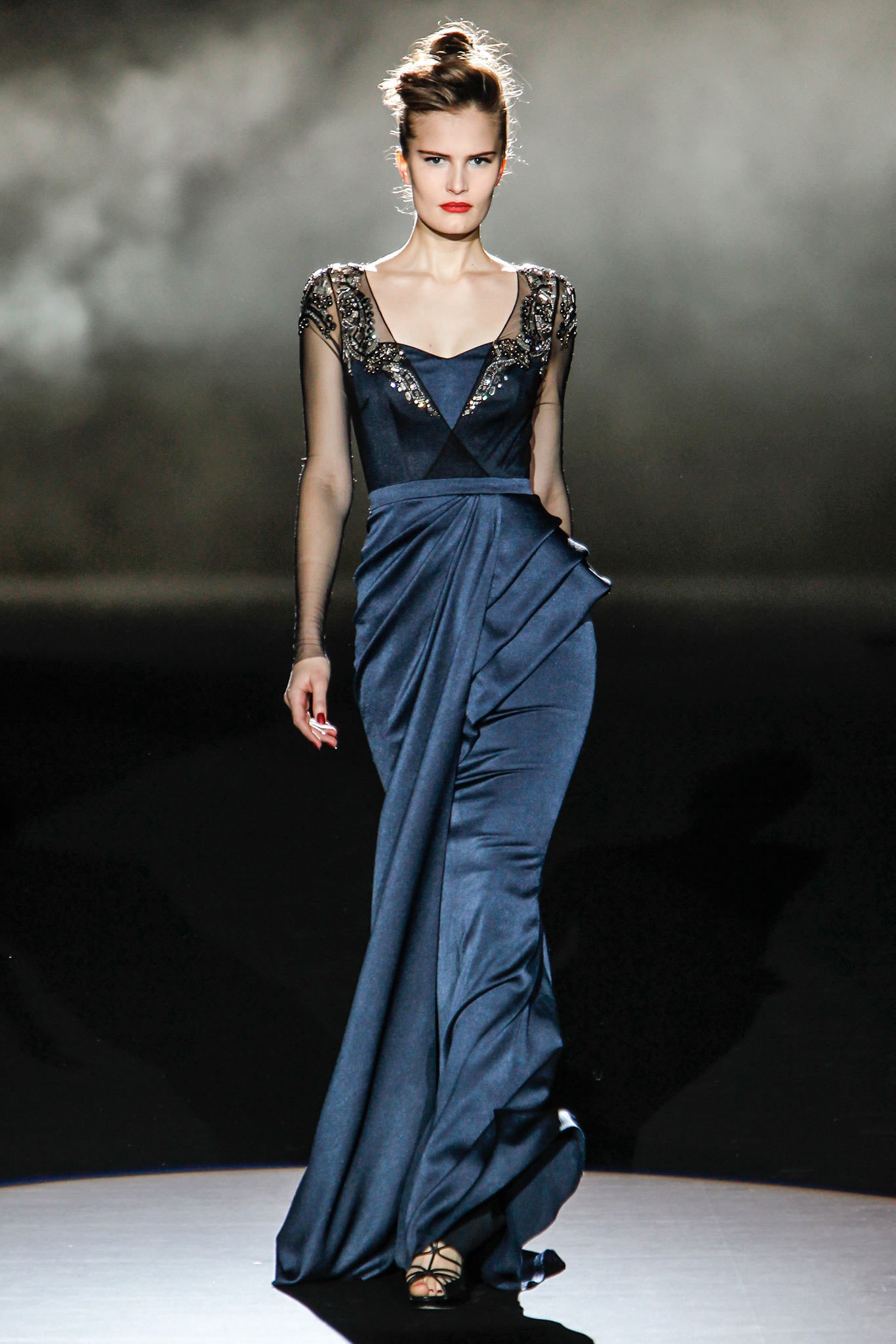 blue silk fitted gown