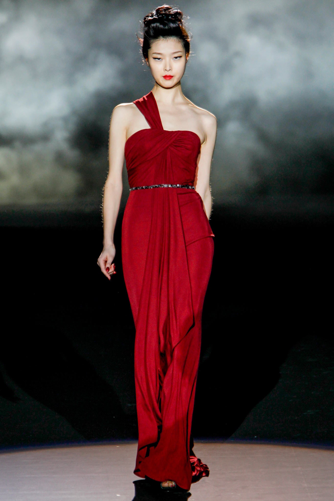 red silk one-shoulder gown