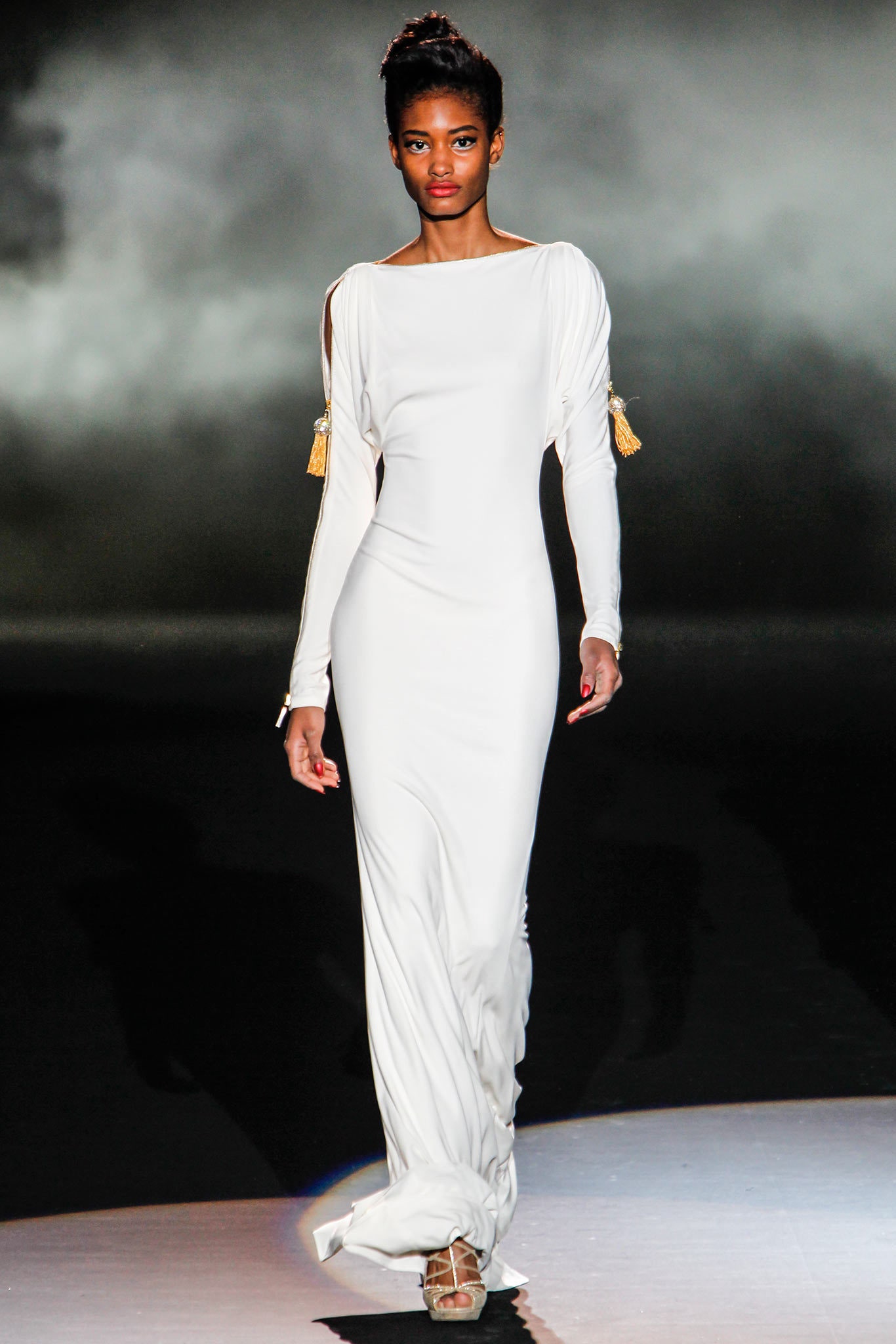 fitted white silk gown