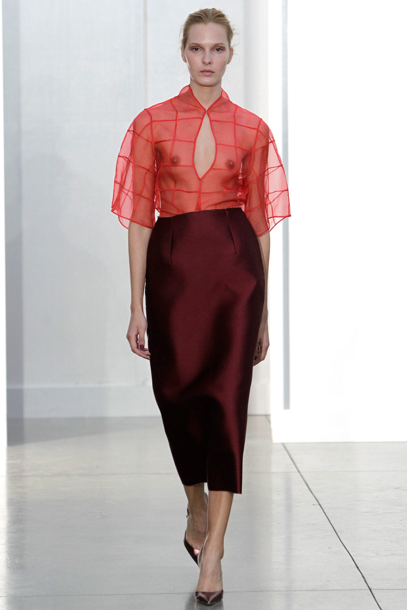 red mesh top and maroon pencil skirt