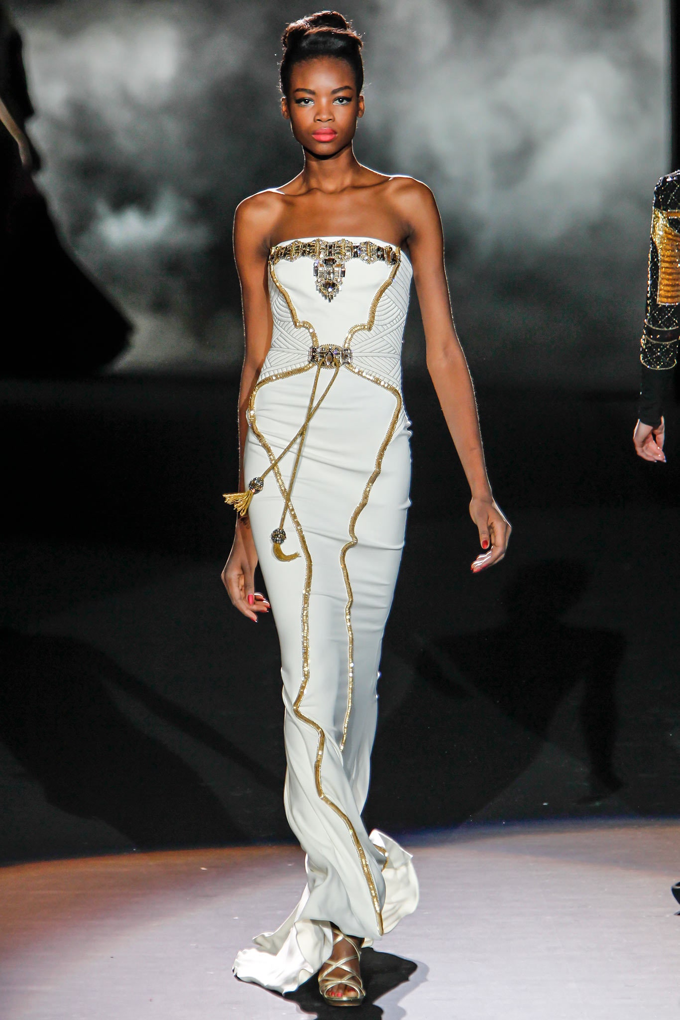 white strapless embellished gown