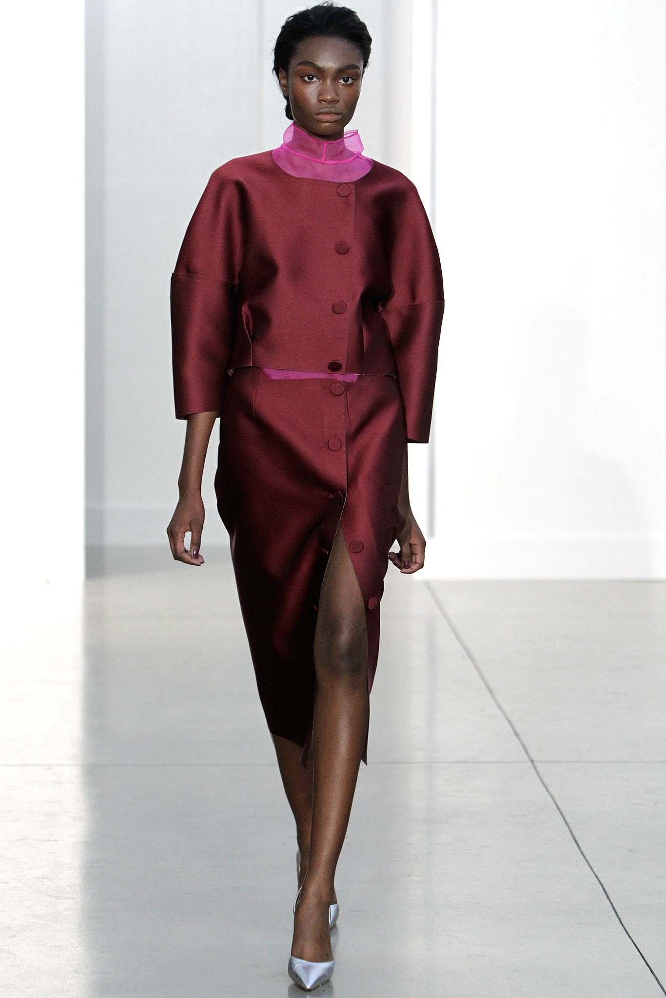 maroon silk long-sleeve v-neck fitted buttoned shiny dress
