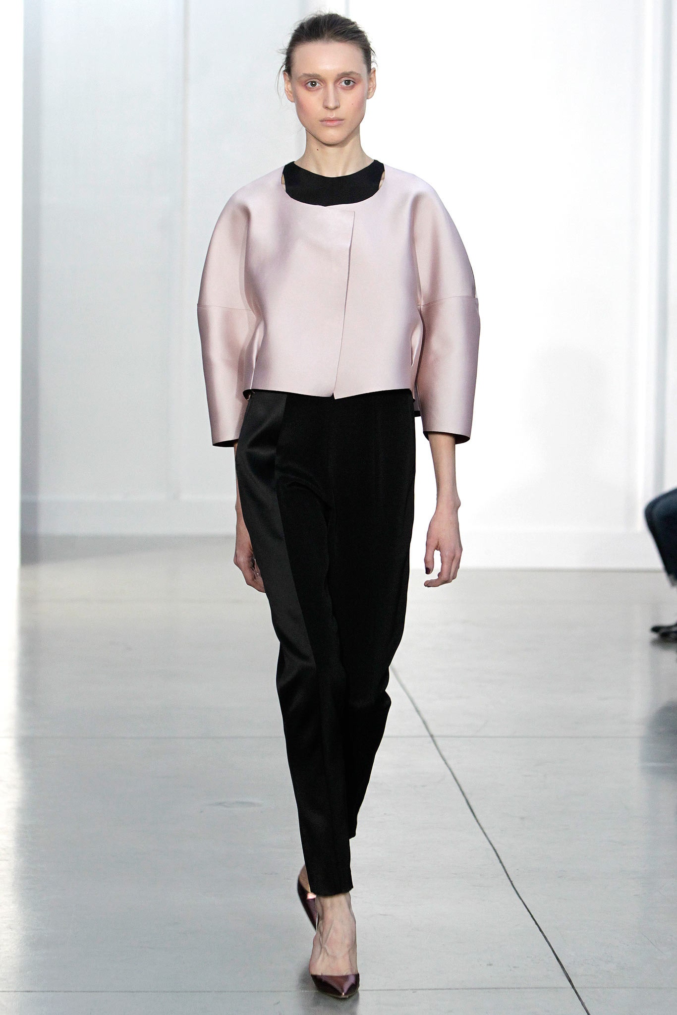 pink silk long-sleeve collared relaxed structured top