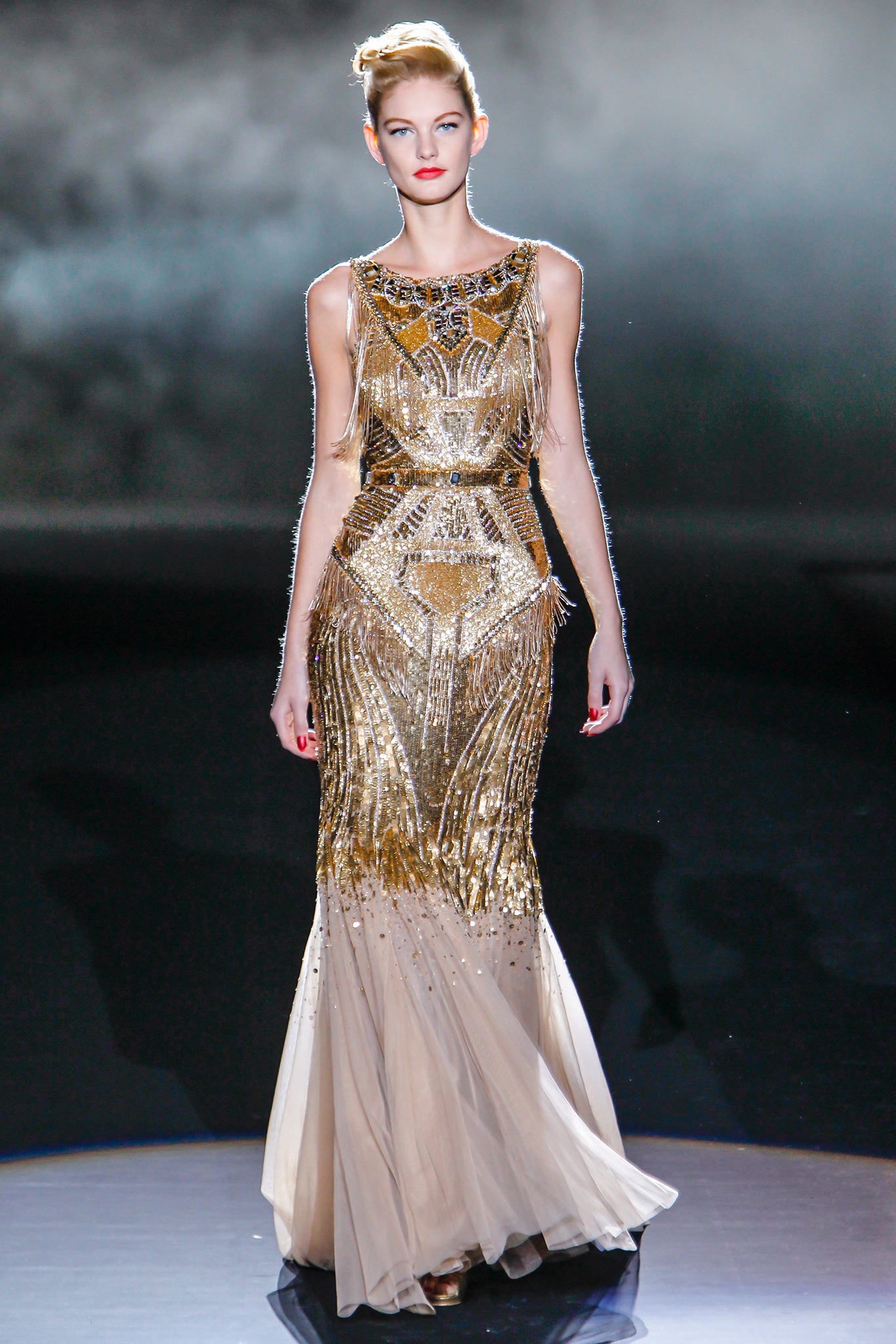 gold sequined sleeveless gown