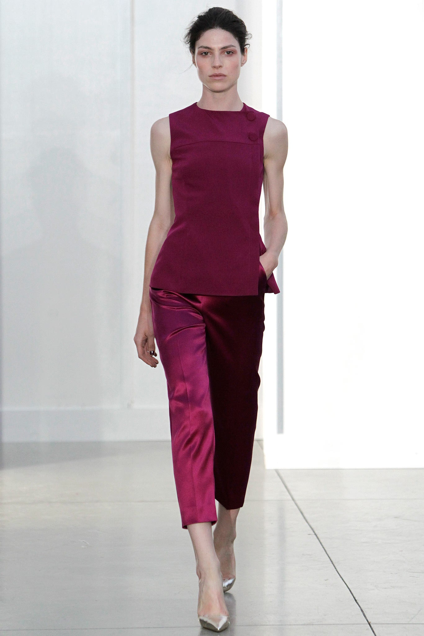 fitted purple silk top and pants