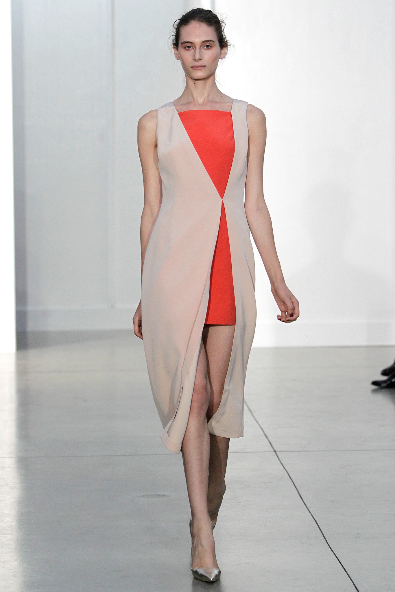 beige and red asymmetric dress