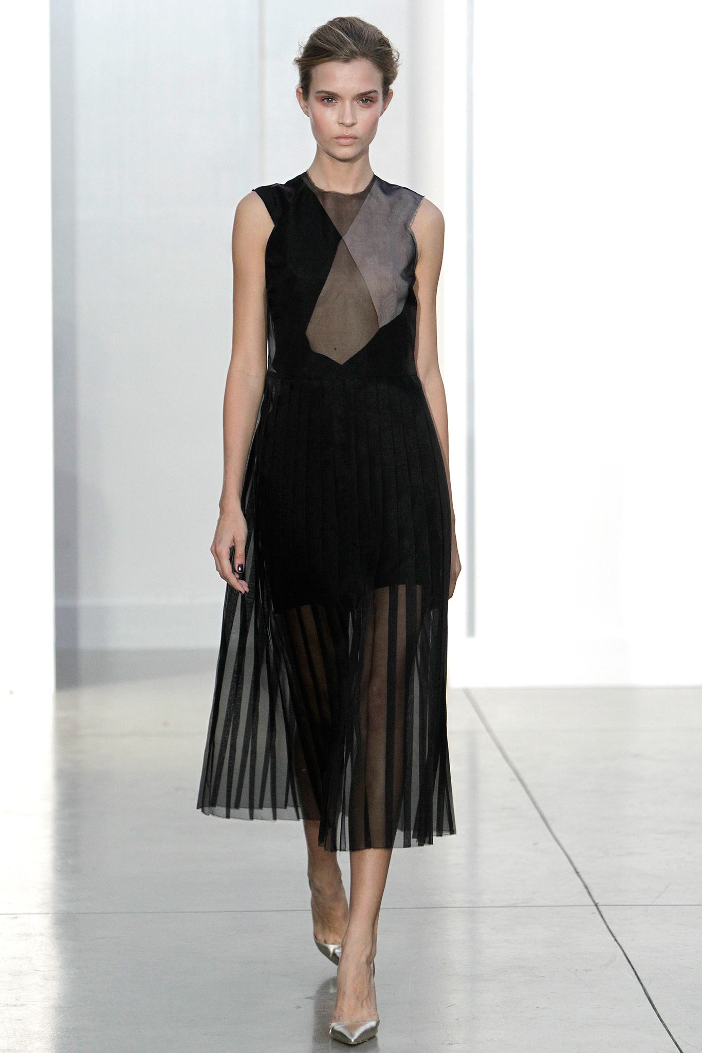 black sheer pleated midi dress