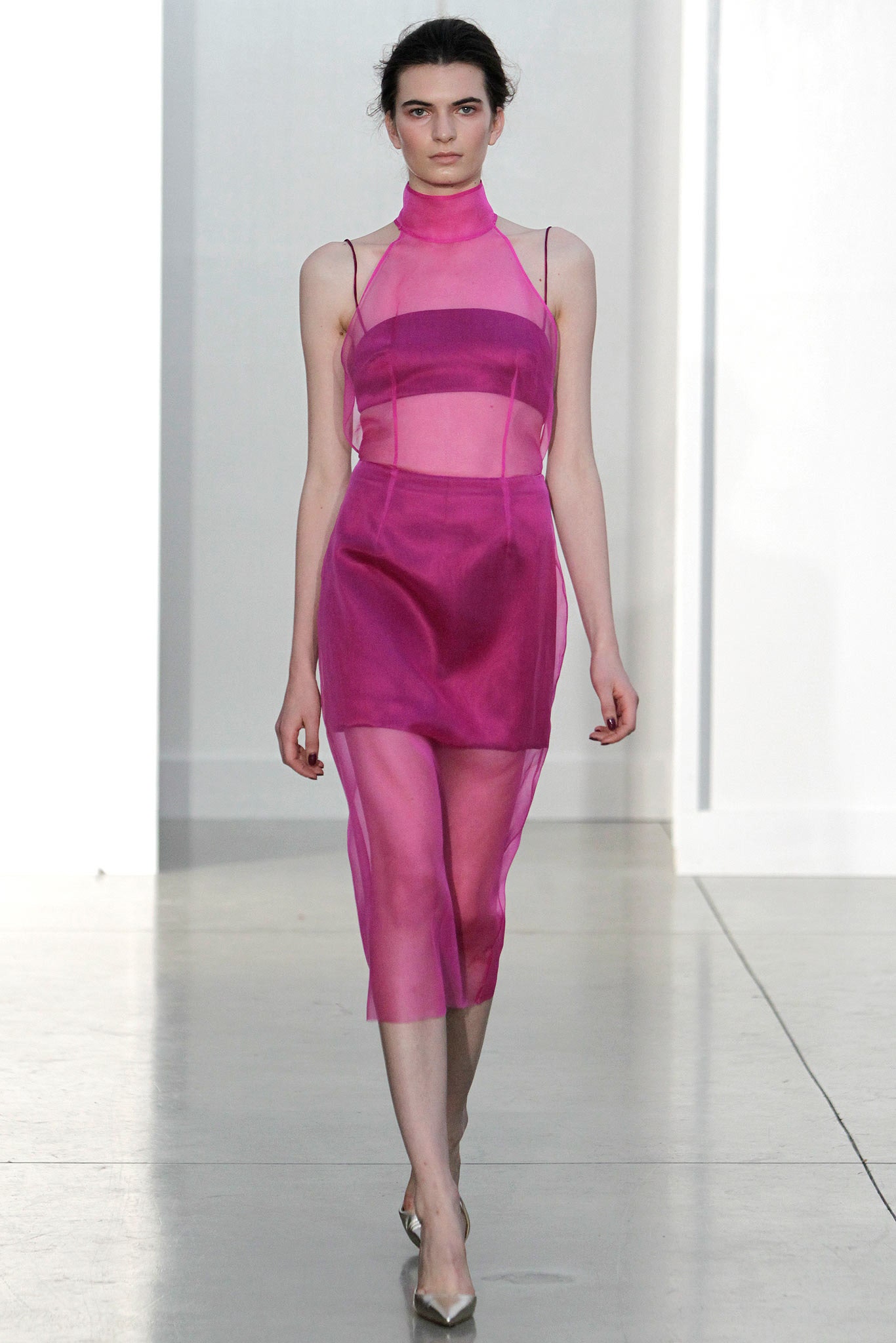 fitted pink sheer midi dress