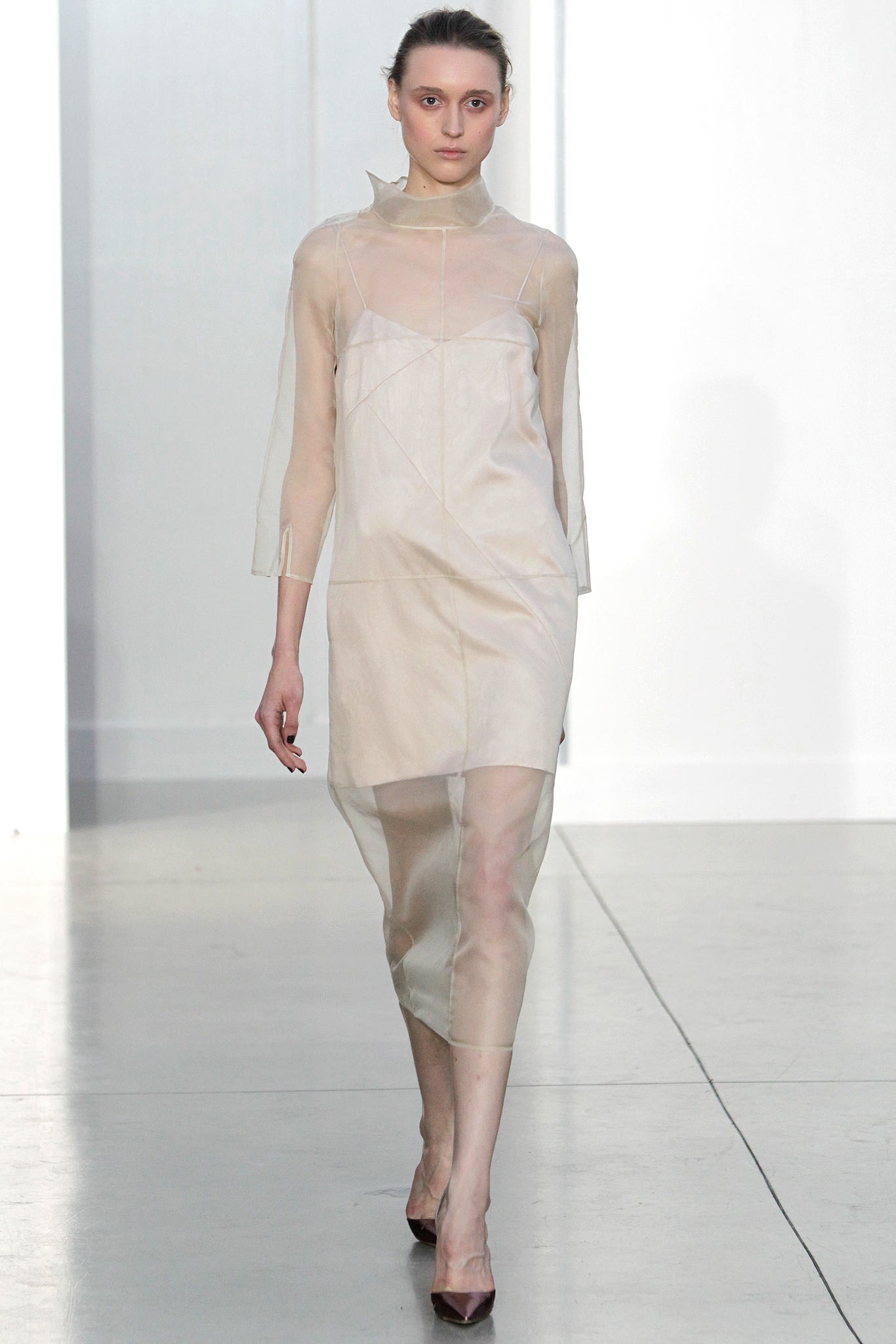 beige sheer long-sleeve dress