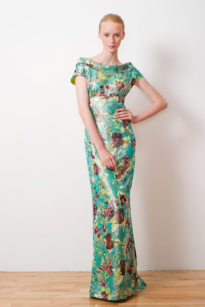 floral green silk gown