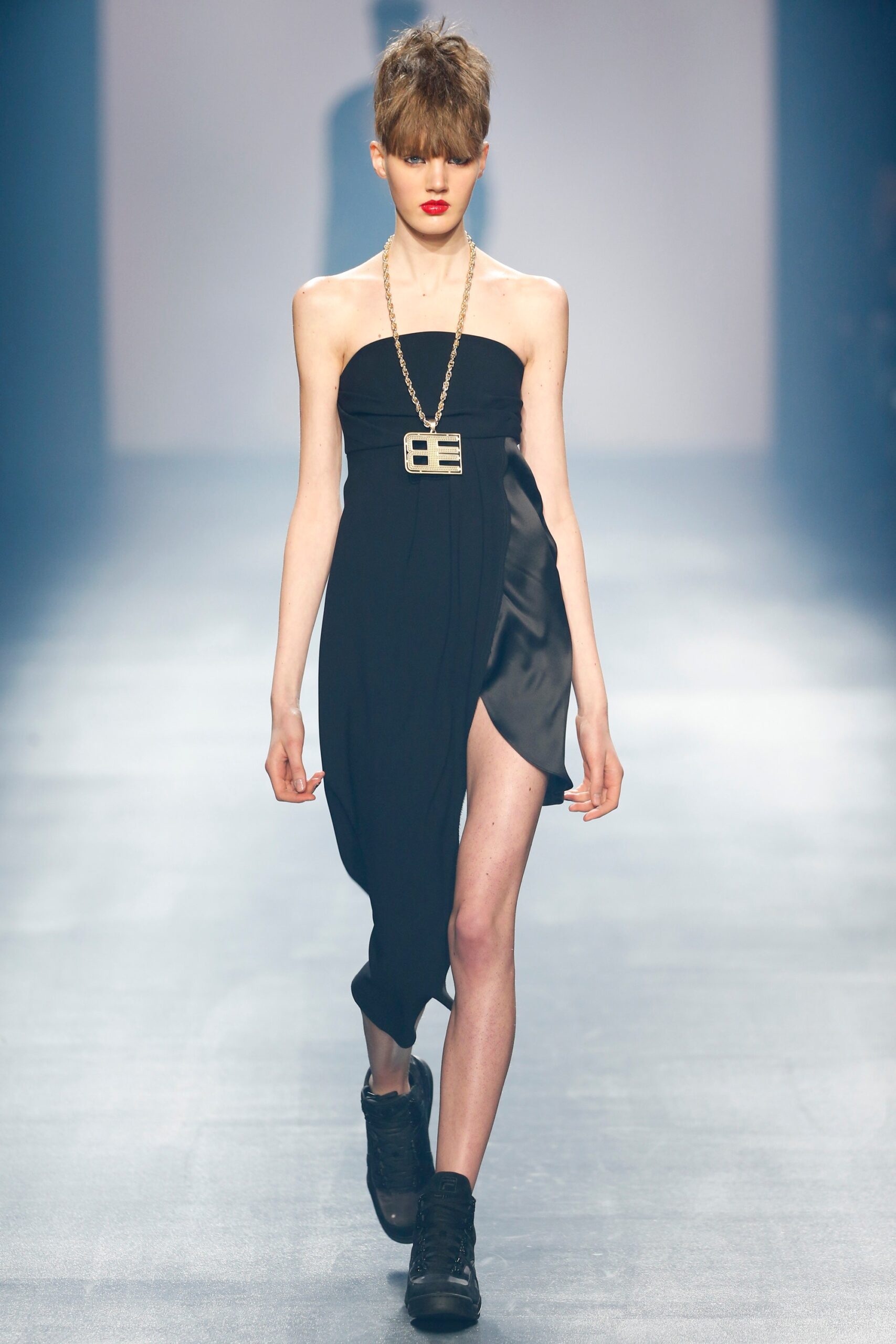 black silk strapless asymmetric dress
