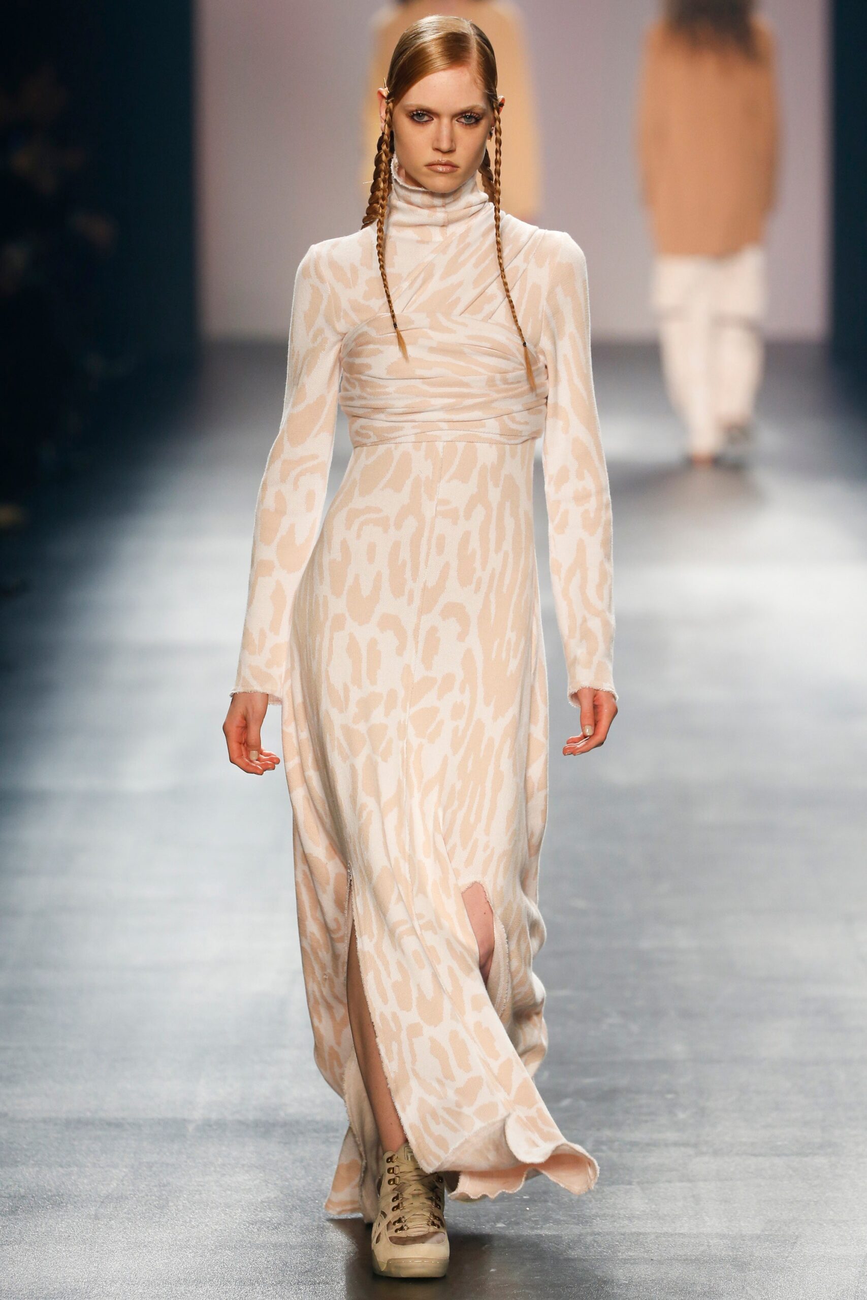 beige printed long-sleeve maxi dress