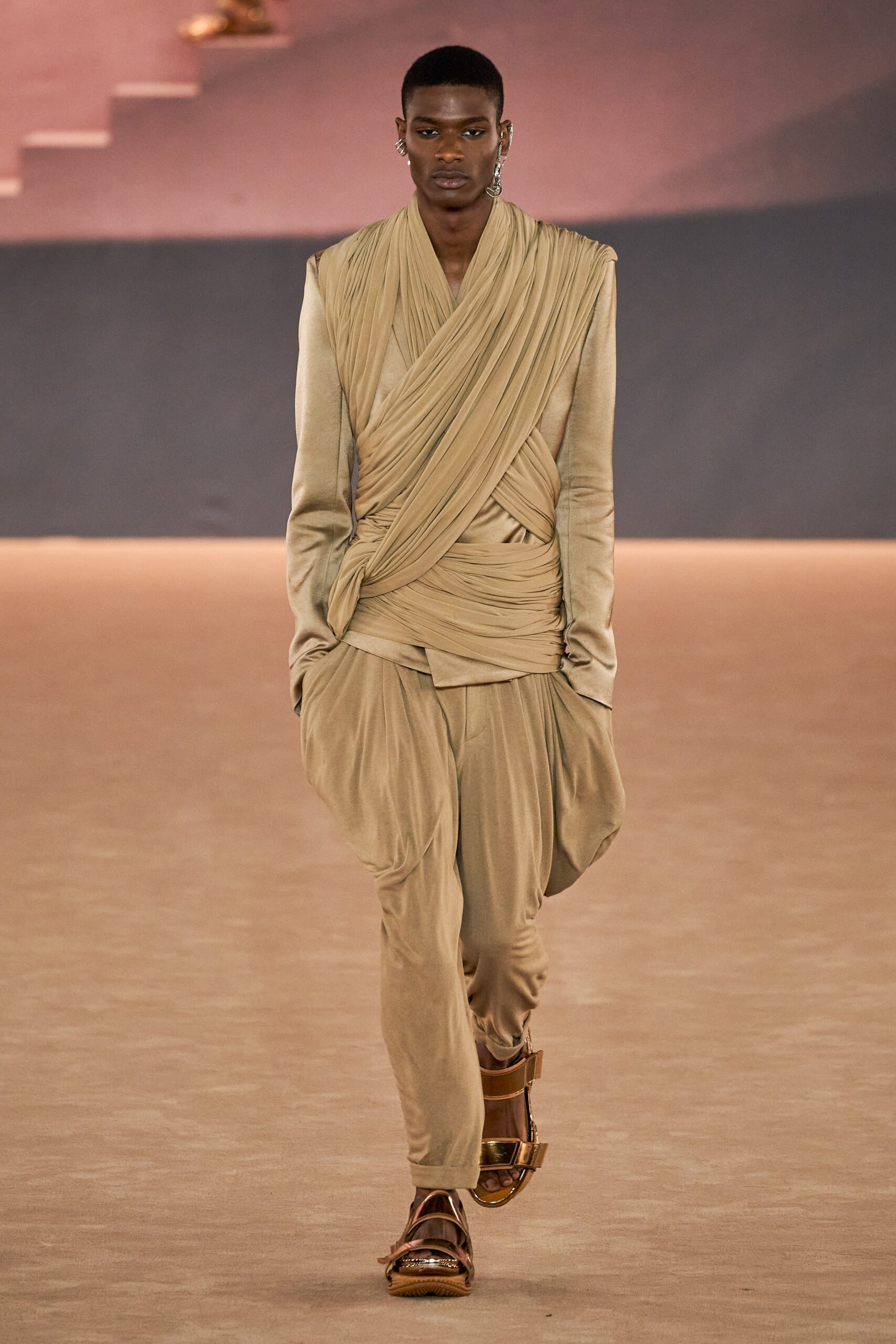beige jersey relaxed draped pants